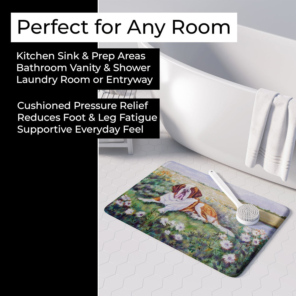 Saint Bernard in Flowers Memory Foam Kitchen Mat Machine Washable Anti-Fatigue Cushion Comfort Bath or Kitchen Rug