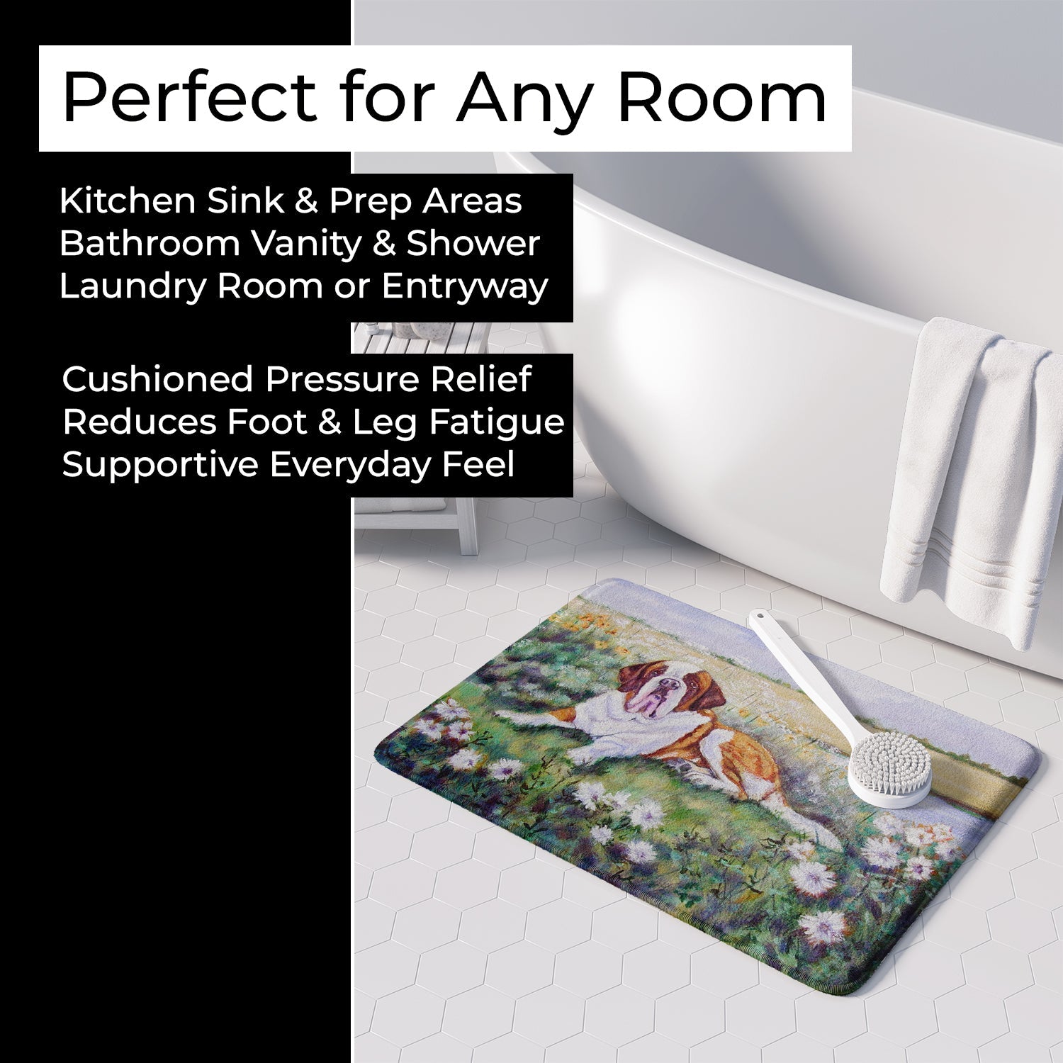 Saint Bernard in Flowers Memory Foam Kitchen Mat Machine Washable Anti-Fatigue Cushion Comfort Bath or Kitchen Rug