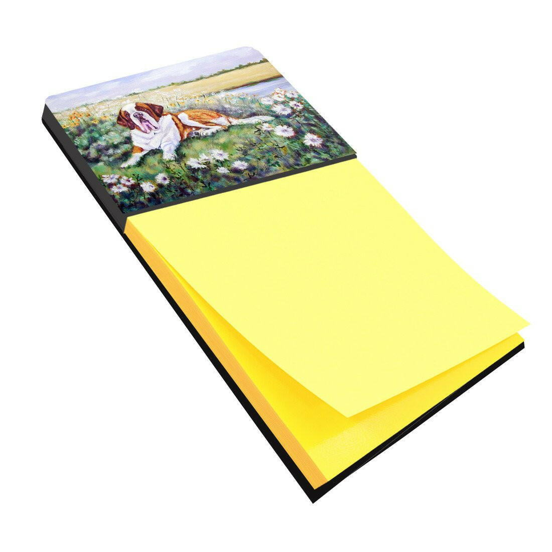 Saint Bernard in Flowers Watercolor Sticky Note Holder Refillable Dispenser Desk Accessory 3x3 Pad Gift
