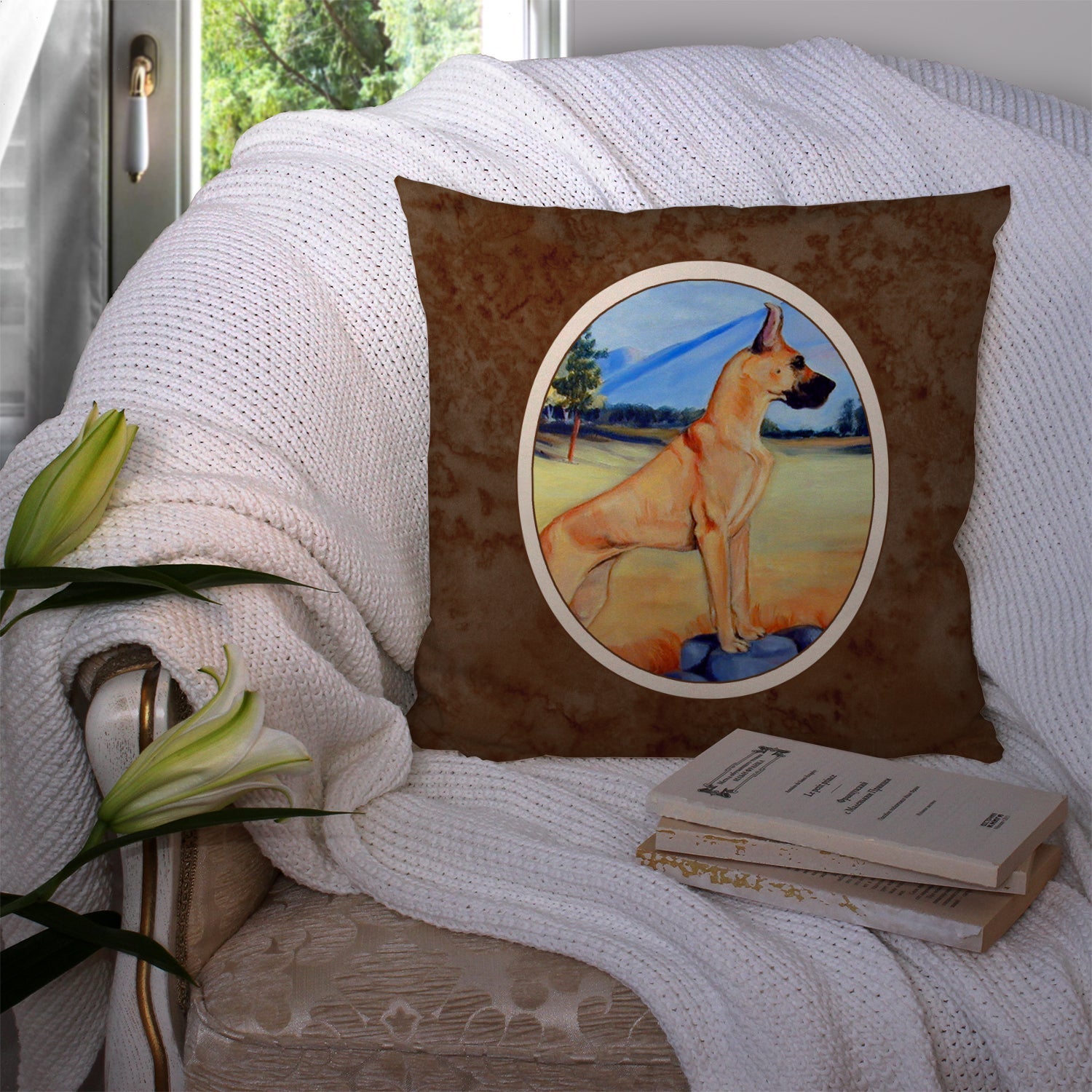 Great Dane Decorative Throw Pillow 14x14 Indoor Outdoor Accent Cushion, Fabric Cover with Insert for Sofa, Bed, Porch & Living Room