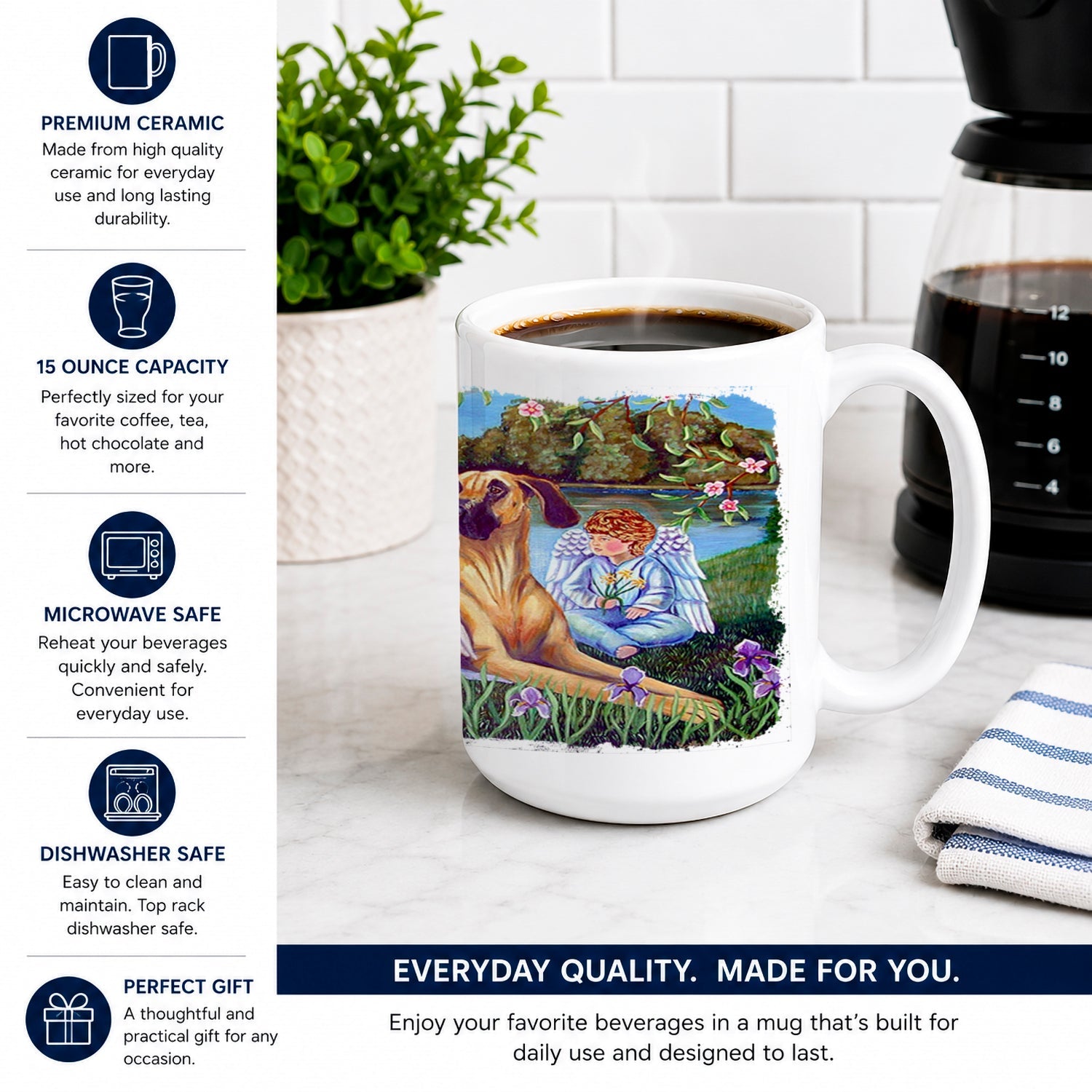Angels with Great Dane Ceramic Coffee Mug 15 oz Decorative Large C Handle Mug Cup for Tea, Cocoa Hot Chocolate