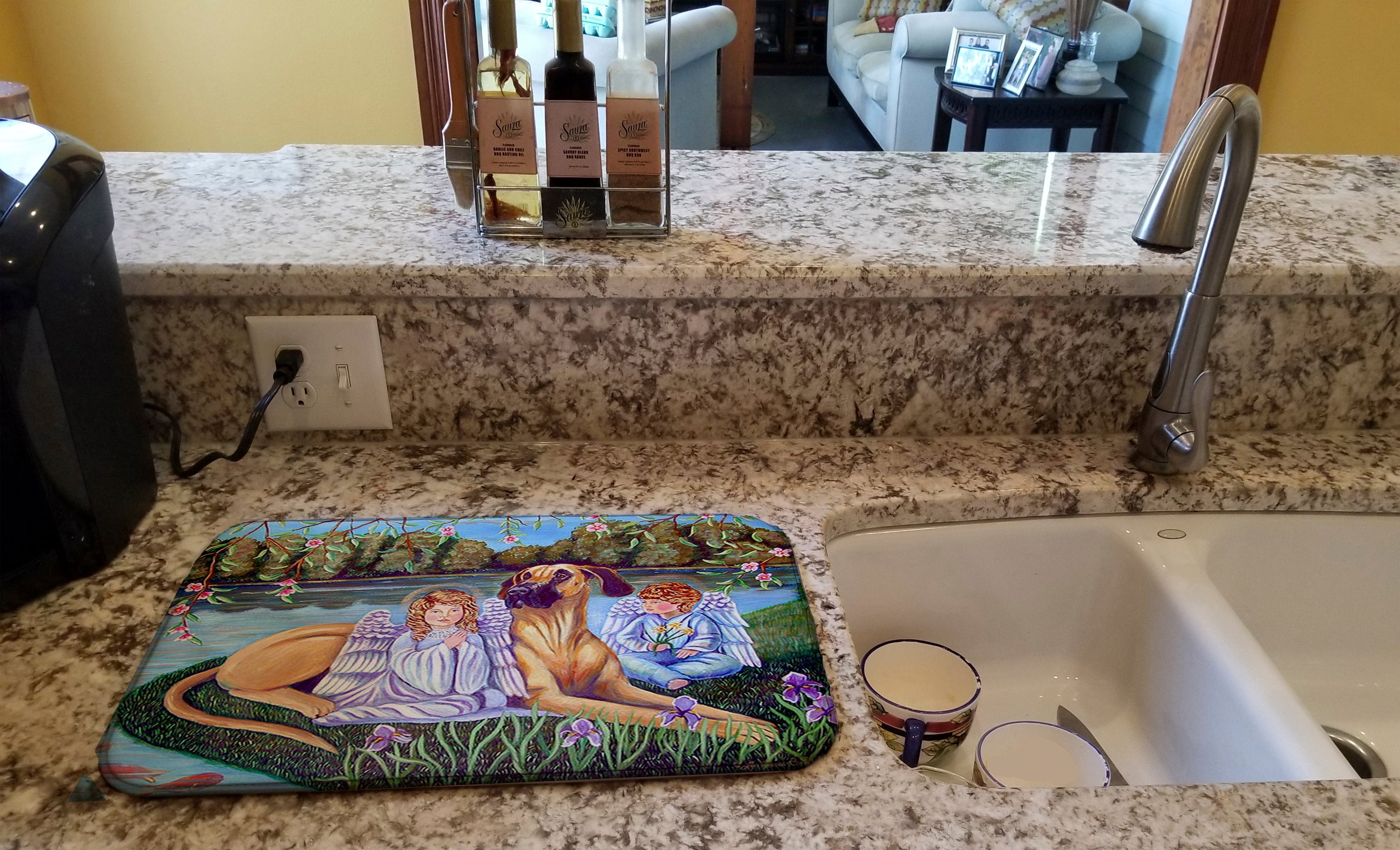 Angels with Great Dane Dish Drying Mat Absorbent Dish Drying Mat Pad for Kitchen Counter Dish Drainer Mat for Countertop, 14 x 21", Multicolor