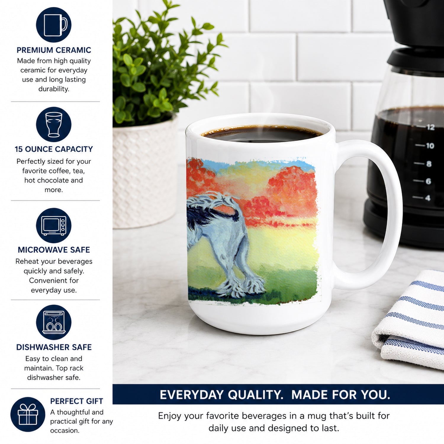 Lowchen Ceramic Coffee Mug 15 oz Decorative Large C Handle Mug Cup for Tea, Cocoa Hot Chocolate