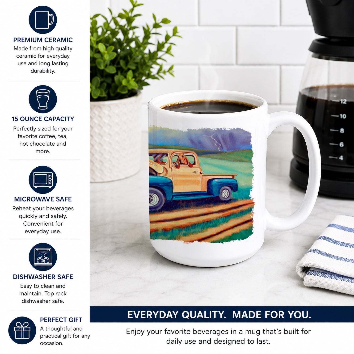 Bloodhound Ceramic Coffee Mug 15 oz Decorative Large C Handle Mug Cup for Tea, Cocoa Hot Chocolate