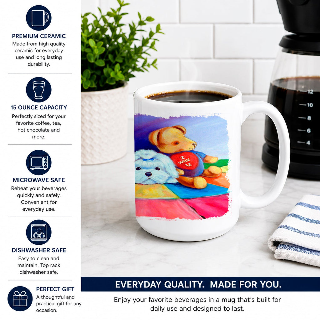 Maltese Ceramic Coffee Mug 15 oz Decorative Large C Handle Mug Cup for Tea, Cocoa Hot Chocolate