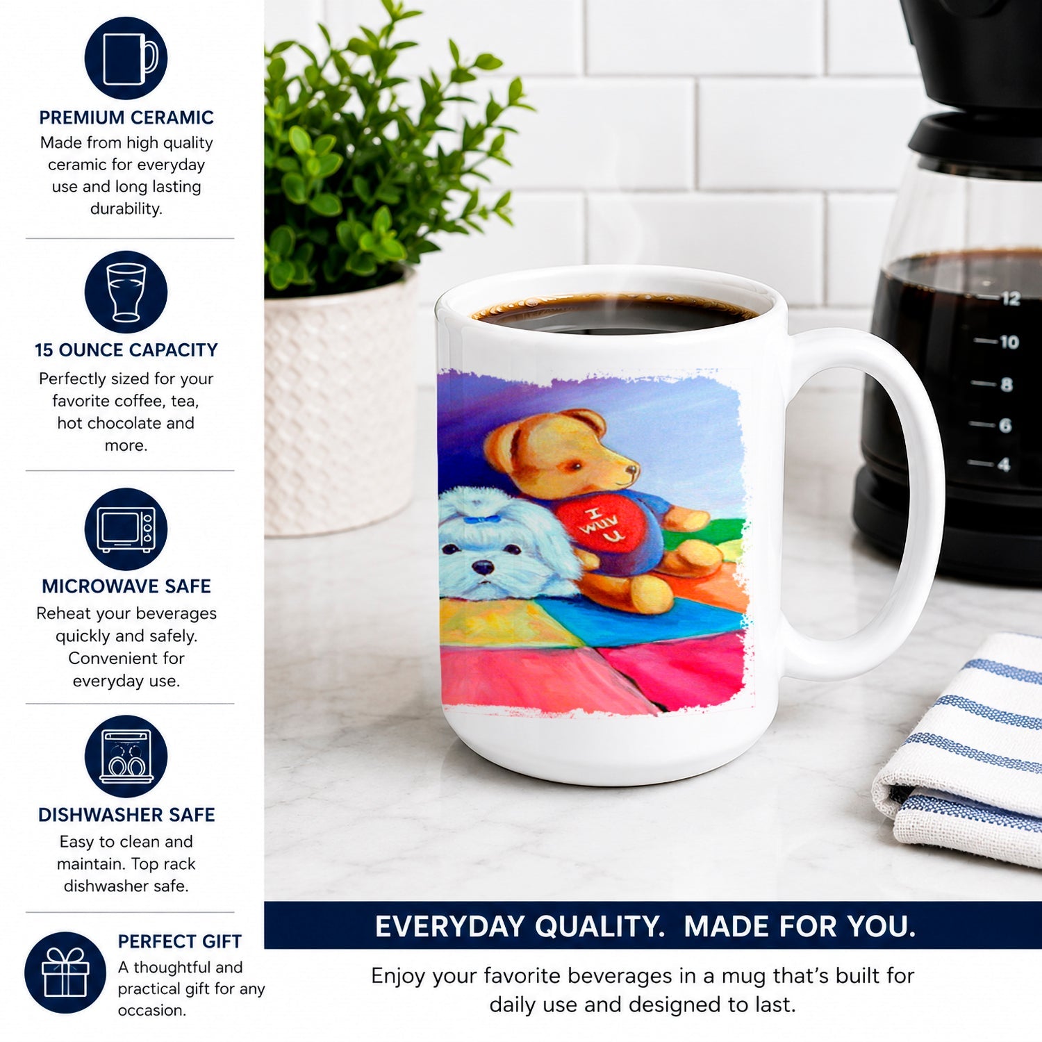 Maltese Ceramic Coffee Mug 15 oz Decorative Large C Handle Mug Cup for Tea, Cocoa Hot Chocolate