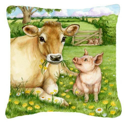Pigs and Cow Good Friends Decorative Throw Pillow 14x14 Indoor Outdoor Accent Cushion, Fabric Cover with Insert for Sofa, Bed, Porch & Living Room