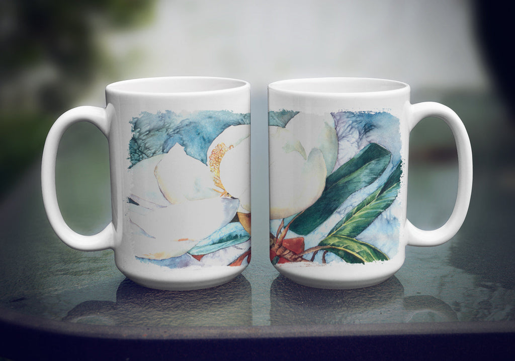 Flower - Magnolia Ceramic Coffee Mug 15 oz Decorative Large C Handle Mug Cup for Tea, Cocoa Hot Chocolate