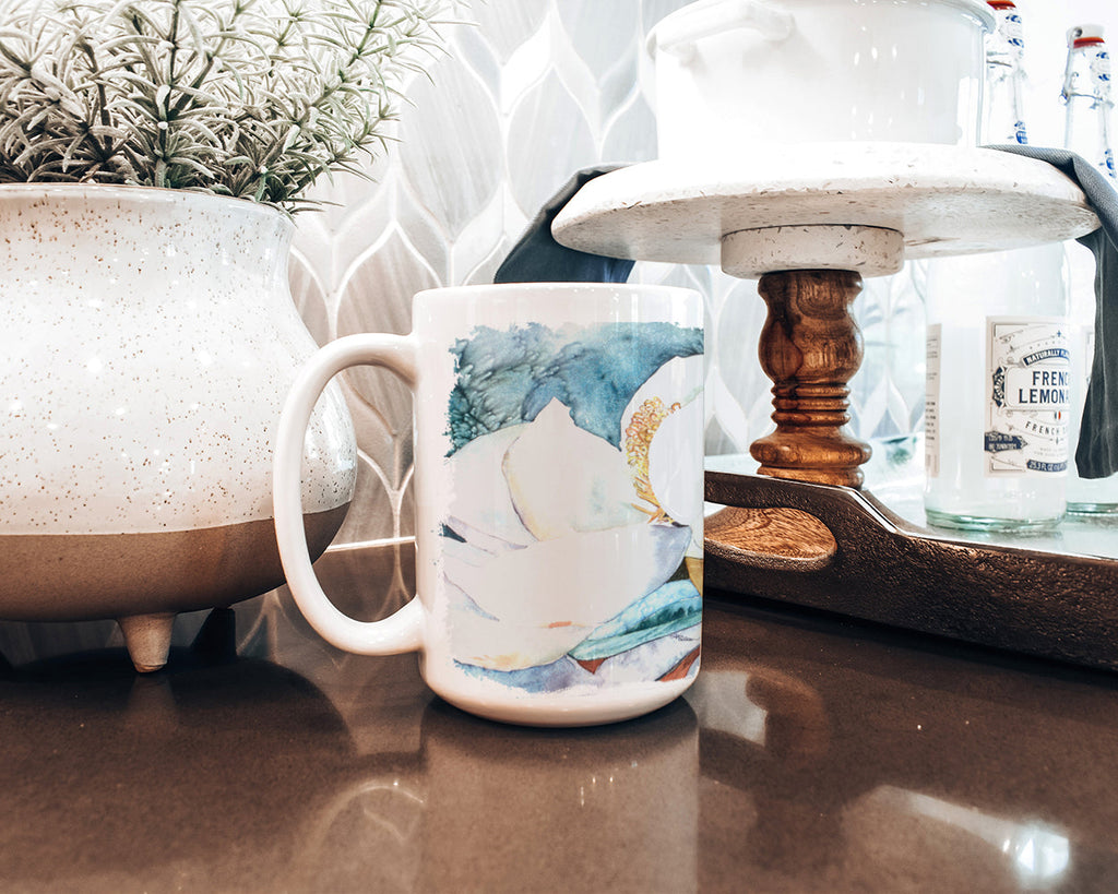 Flower - Magnolia Ceramic Coffee Mug 15 oz Decorative Large C Handle Mug Cup for Tea, Cocoa Hot Chocolate