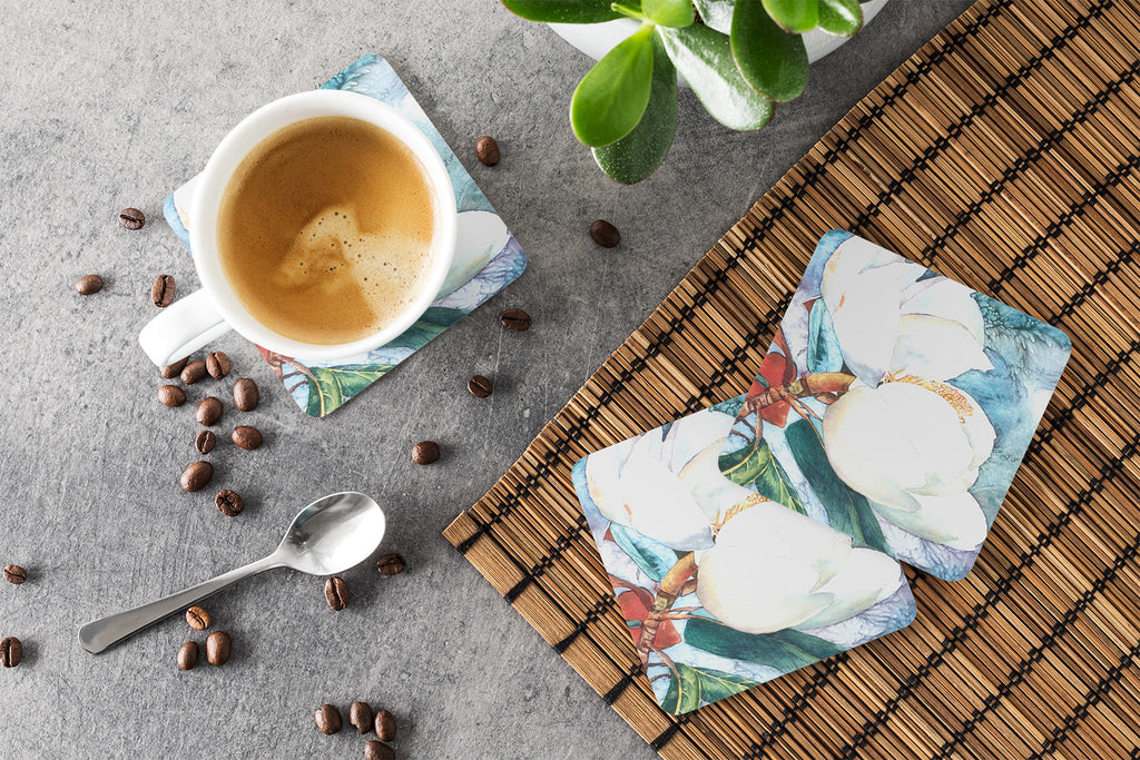 Flower - Magnolia Foam Coasters Set of 4 Cup Coasters for Indoor Outdoor, Tabletop Protection, Anti Slip, Mouse pad Material