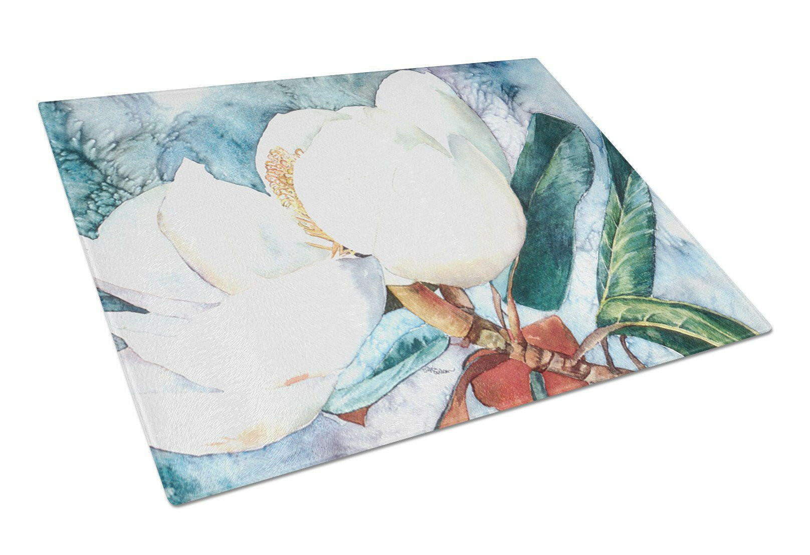 Flower - Magnolia Cutting Board Tempered Glass Kitchen Cutting Surface, Heat Resistant Chopping, Non-Slip Feet, Food Prep & Serving