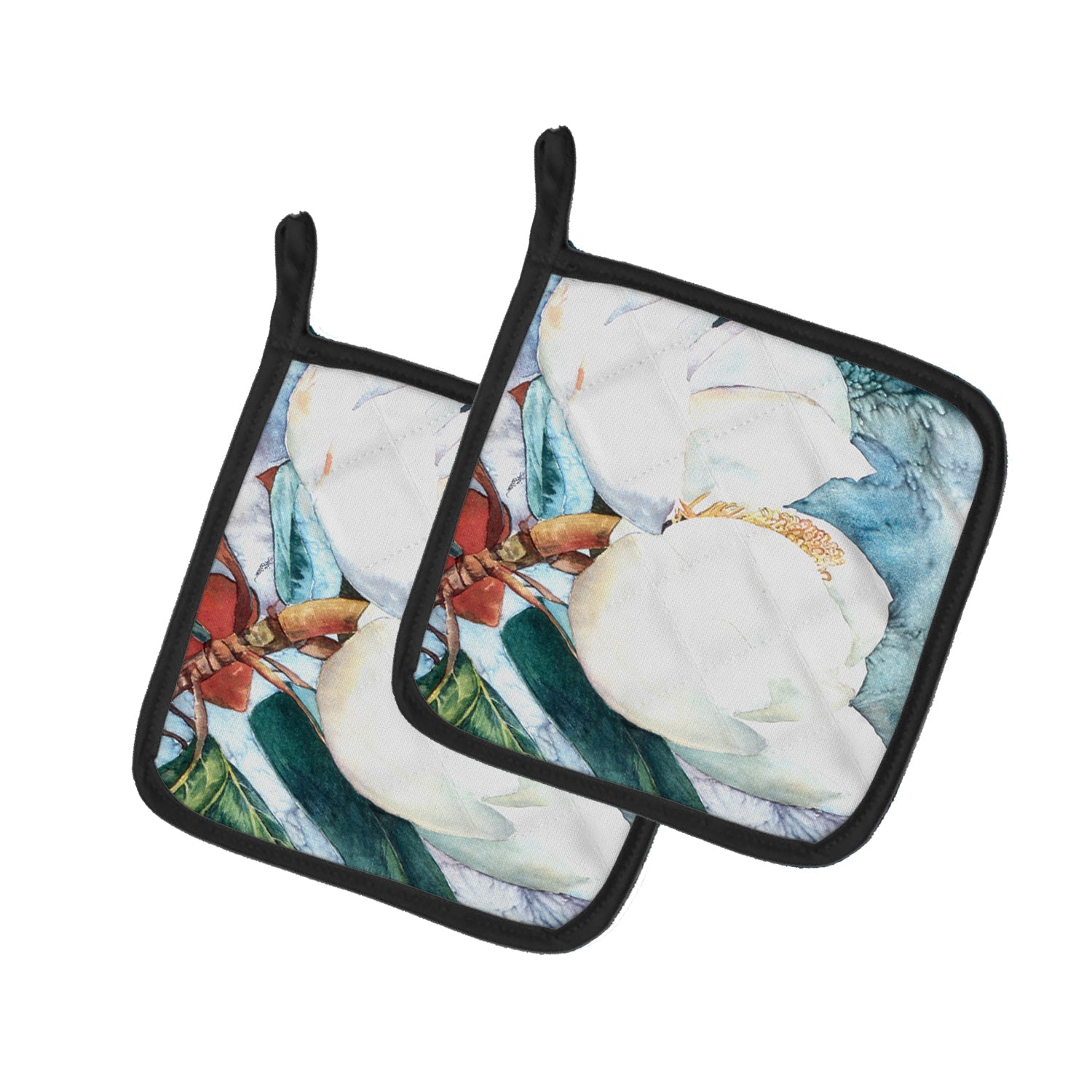 Flower - Magnolia Pot Holder Set of 2 Heat Resistant Quilted Hot Pads 7.5 x 7.5 Inch, Insulated Kitchen Trivets for Cooking & Baking