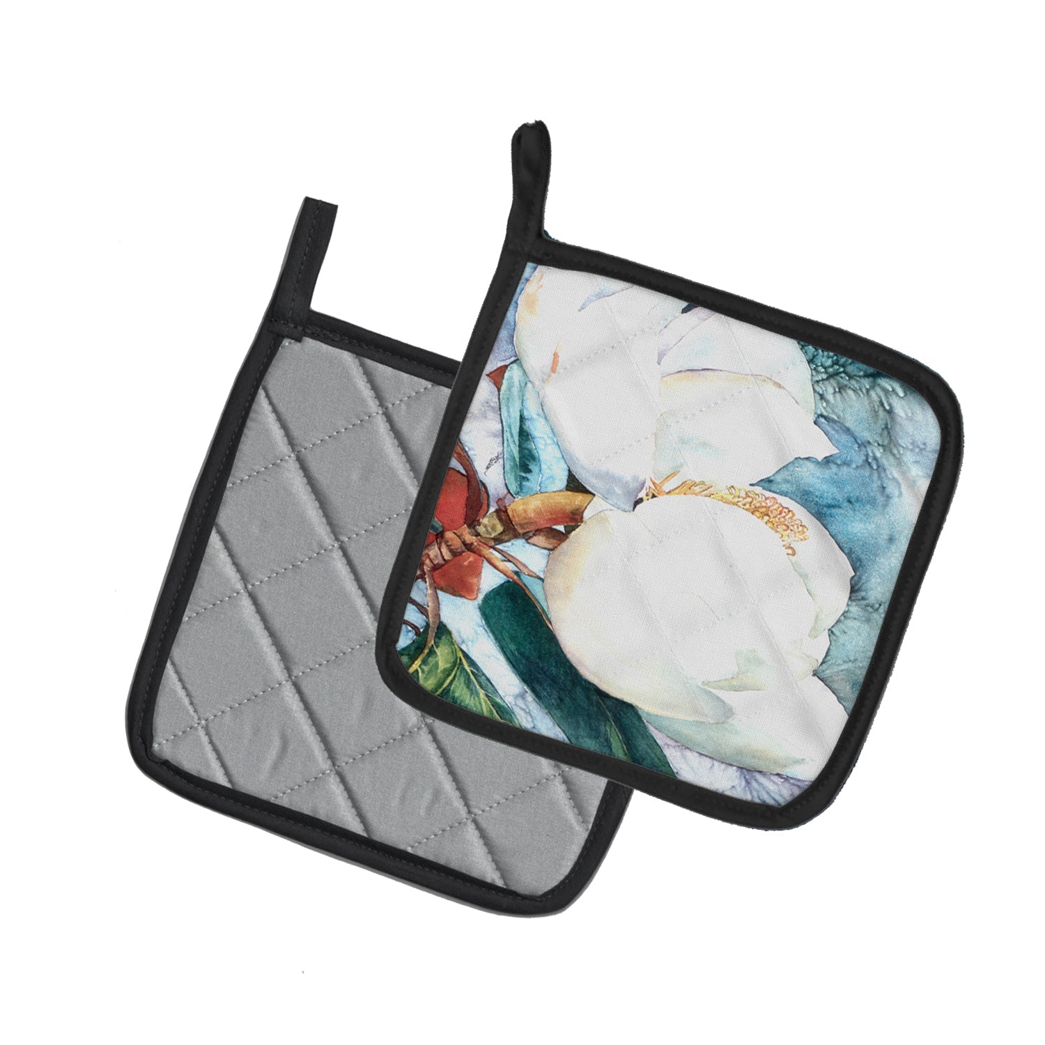 Flower - Magnolia Pot Holder Set of 2 Heat Resistant Quilted Hot Pads 7.5 x 7.5 Inch, Insulated Kitchen Trivets for Cooking & Baking
