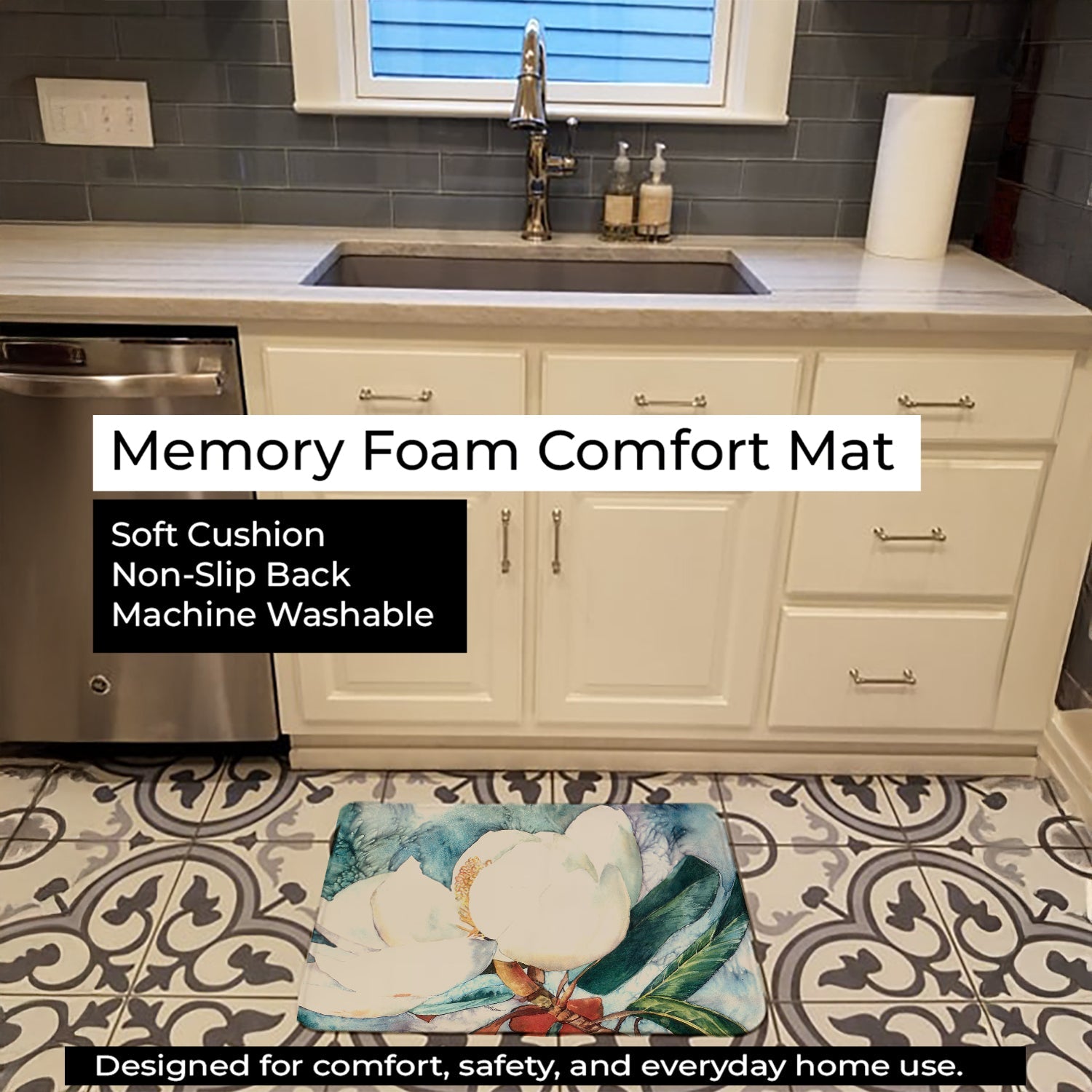 Flower - Magnolia Memory Foam Kitchen Mat Machine Washable Anti-Fatigue Cushion Comfort Bath or Kitchen Rug