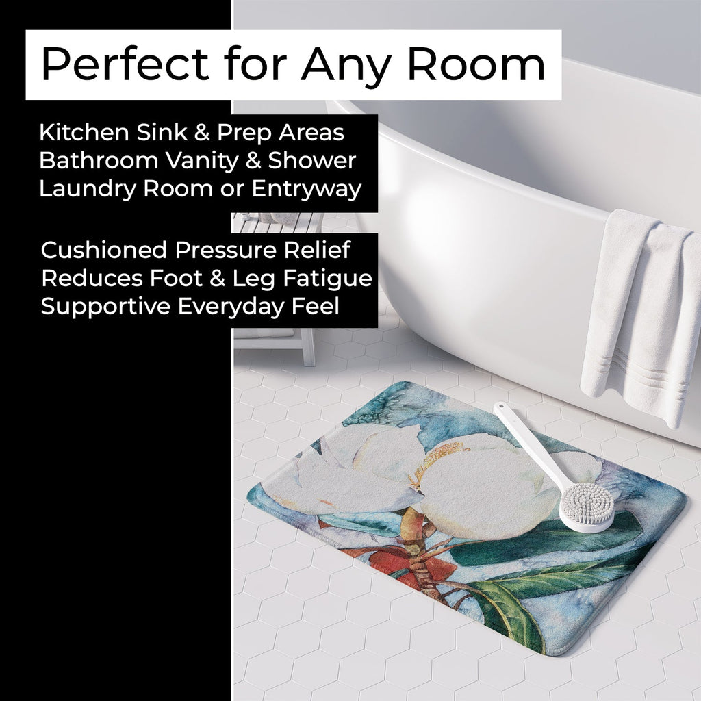 Flower - Magnolia Memory Foam Kitchen Mat Machine Washable Anti-Fatigue Cushion Comfort Bath or Kitchen Rug