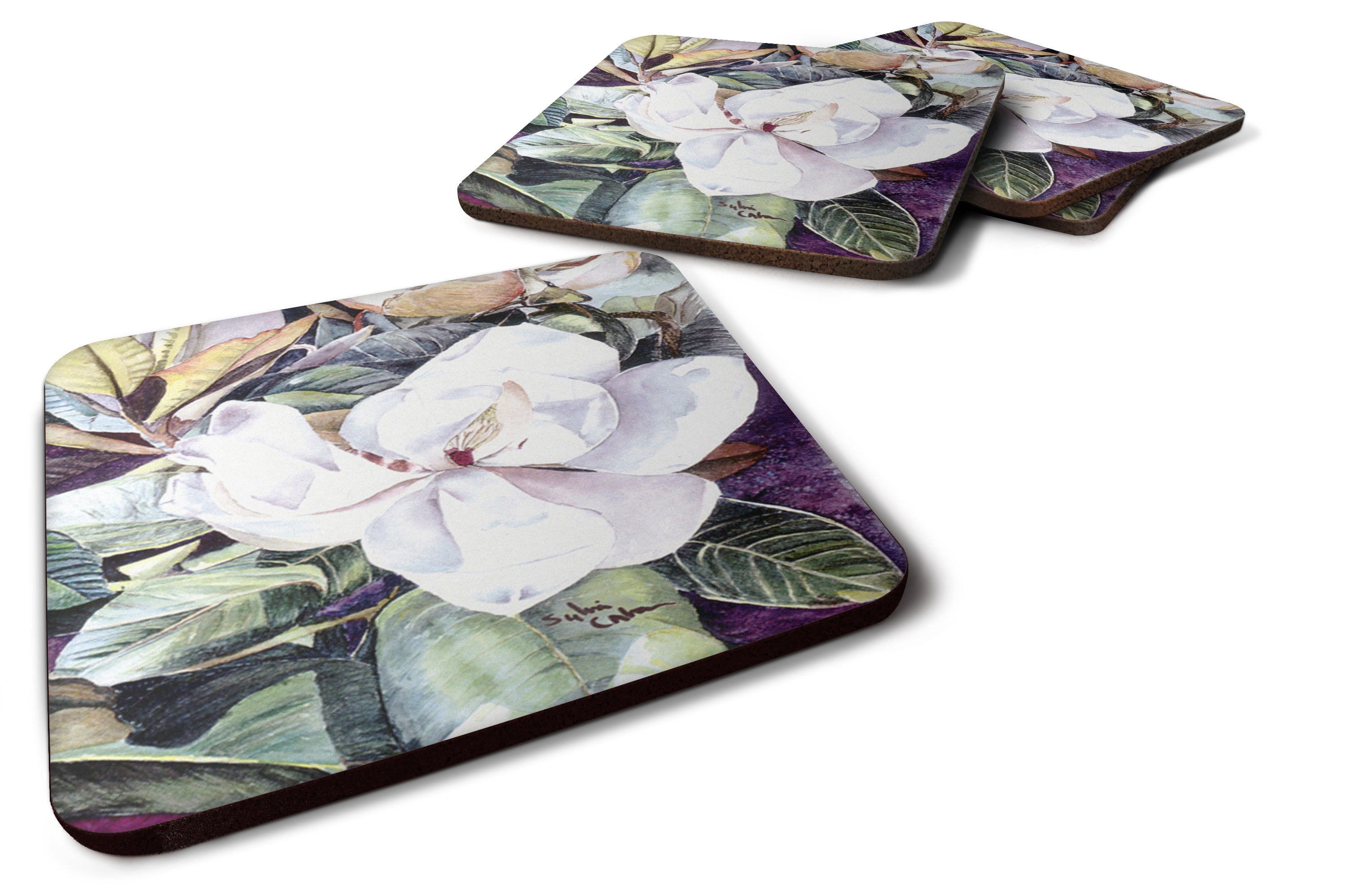Flower - Magnolia Foam Coasters Set of 4 Cup Coasters for Indoor Outdoor, Tabletop Protection, Anti Slip, Mouse pad Material