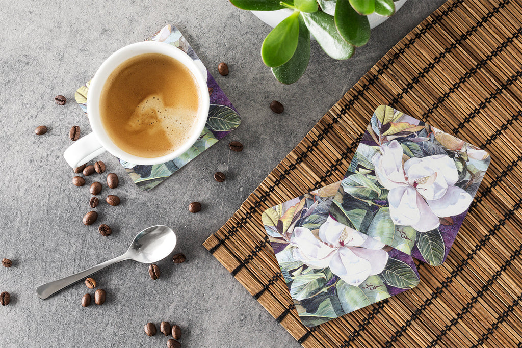 Flower - Magnolia Foam Coasters Set of 4 Cup Coasters for Indoor Outdoor, Tabletop Protection, Anti Slip, Mouse pad Material