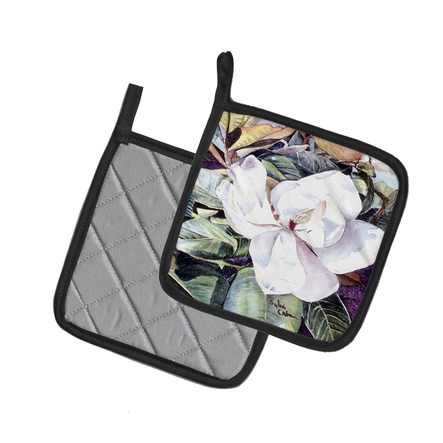 Flower - Magnolia Pot Holder Set of 2 Heat Resistant Quilted Hot Pads 7.5 x 7.5 Inch, Insulated Kitchen Trivets for Cooking & Baking