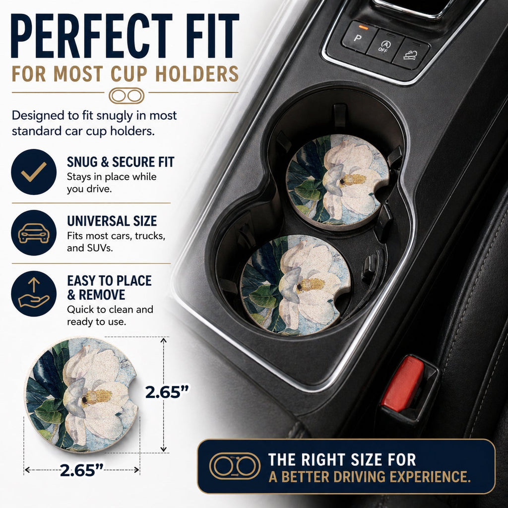 Flower - Magnolia Set of 2 Cup Holder Car Coasters Absorbent Round Sandstone Coasters Gifts for Men or Women, 2.5, Multicolor