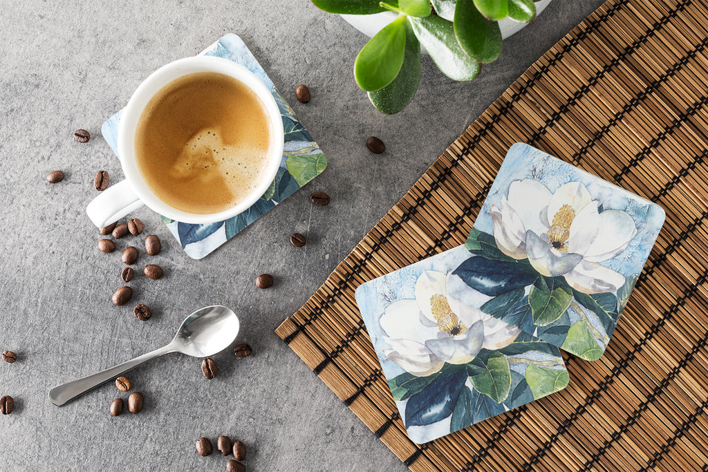 Flower - Magnolia Foam Coasters Set of 4 Cup Coasters for Indoor Outdoor, Tabletop Protection, Anti Slip, Mouse pad Material