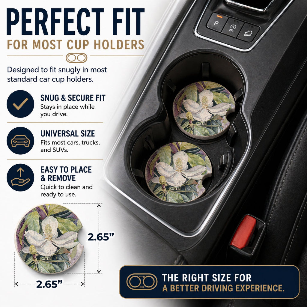 Flower - Magnolia Set of 2 Cup Holder Car Coasters Absorbent Round Sandstone Coasters Gifts for Men or Women, 2.5, Multicolor