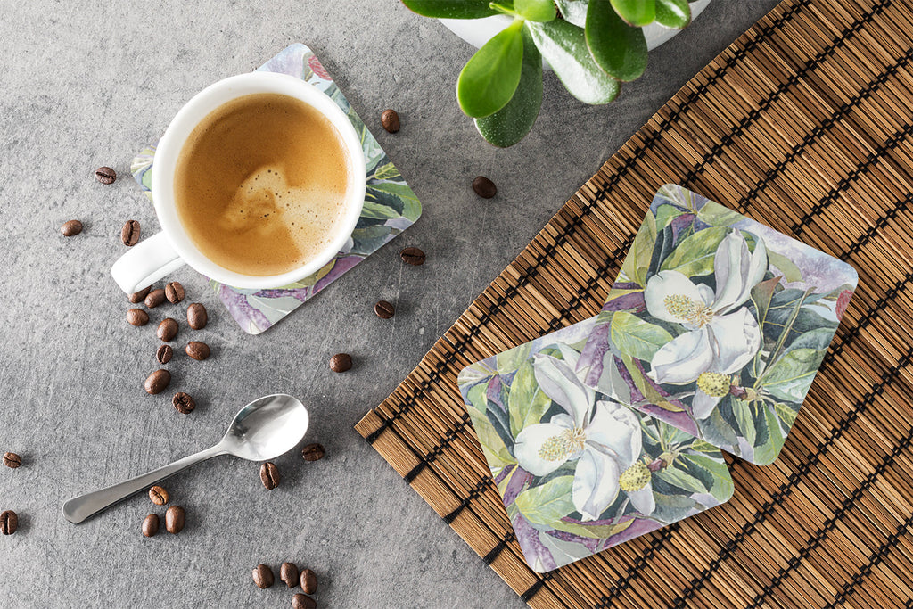Flower - Magnolia Foam Coasters Set of 4 Cup Coasters for Indoor Outdoor, Tabletop Protection, Anti Slip, Mouse pad Material