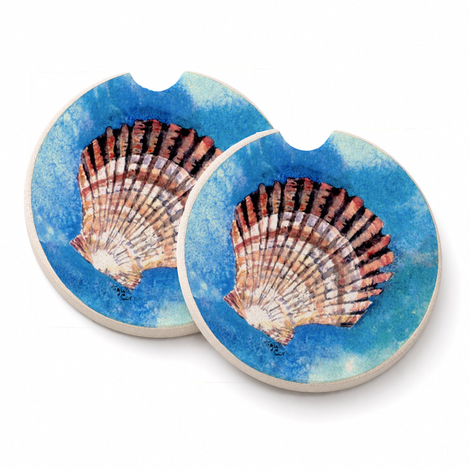 Scallop Sea Shell Set of 2 Cup Holder Car Coasters Absorbent Round Sandstone Coasters Gifts for Men or Women, 2.5, Multicolor