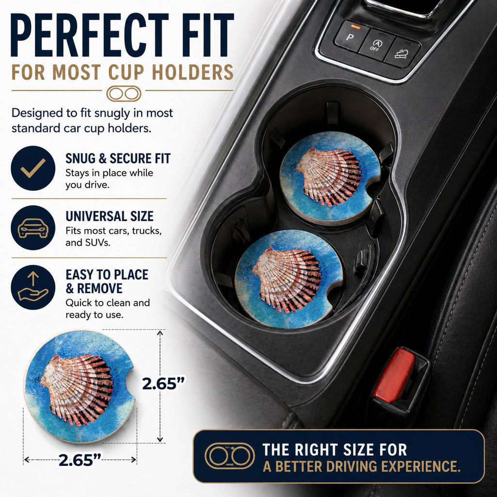 Scallop Sea Shell Set of 2 Cup Holder Car Coasters Absorbent Round Sandstone Coasters Gifts for Men or Women, 2.5, Multicolor