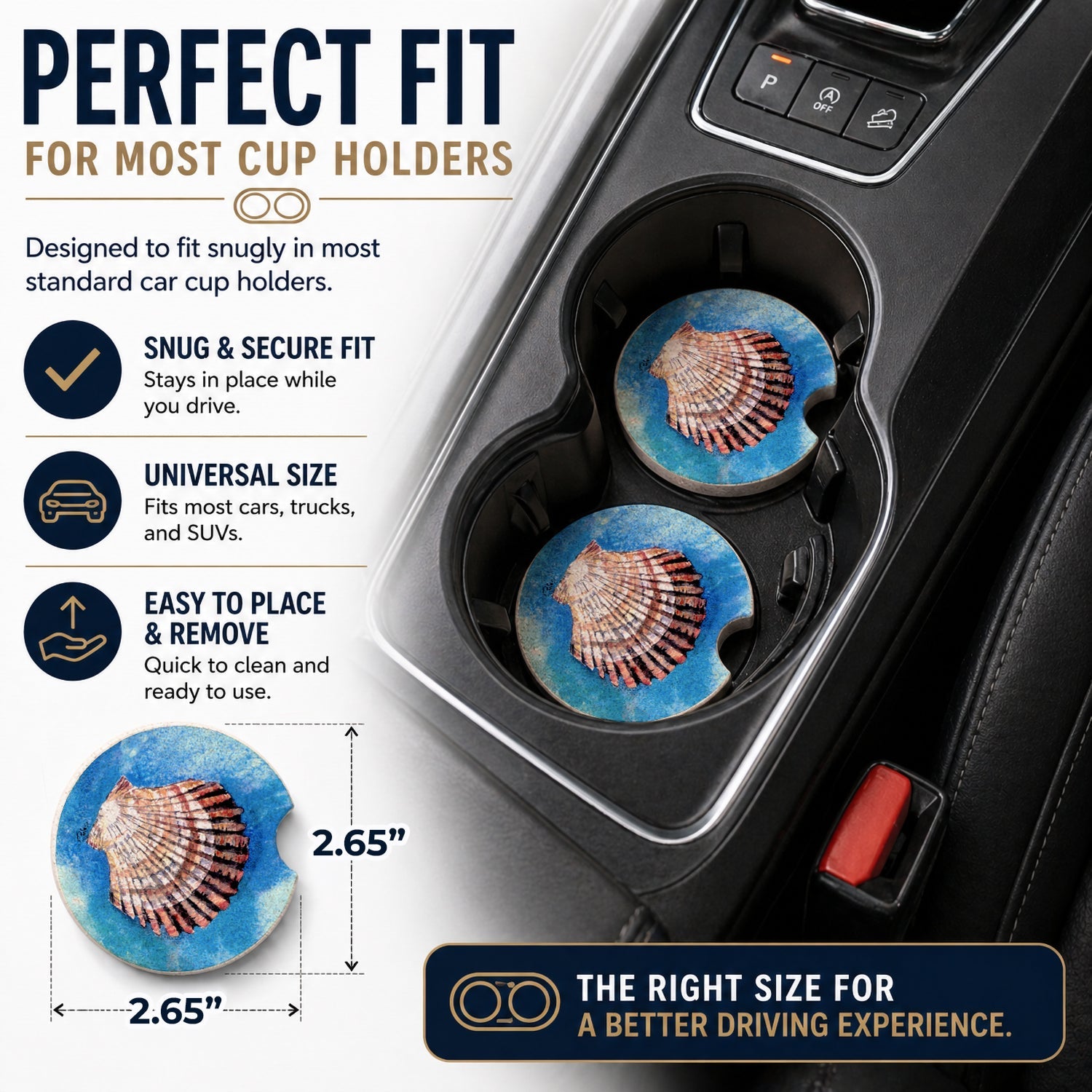 Scallop Sea Shell Set of 2 Cup Holder Car Coasters Absorbent Round Sandstone Coasters Gifts for Men or Women, 2.5, Multicolor