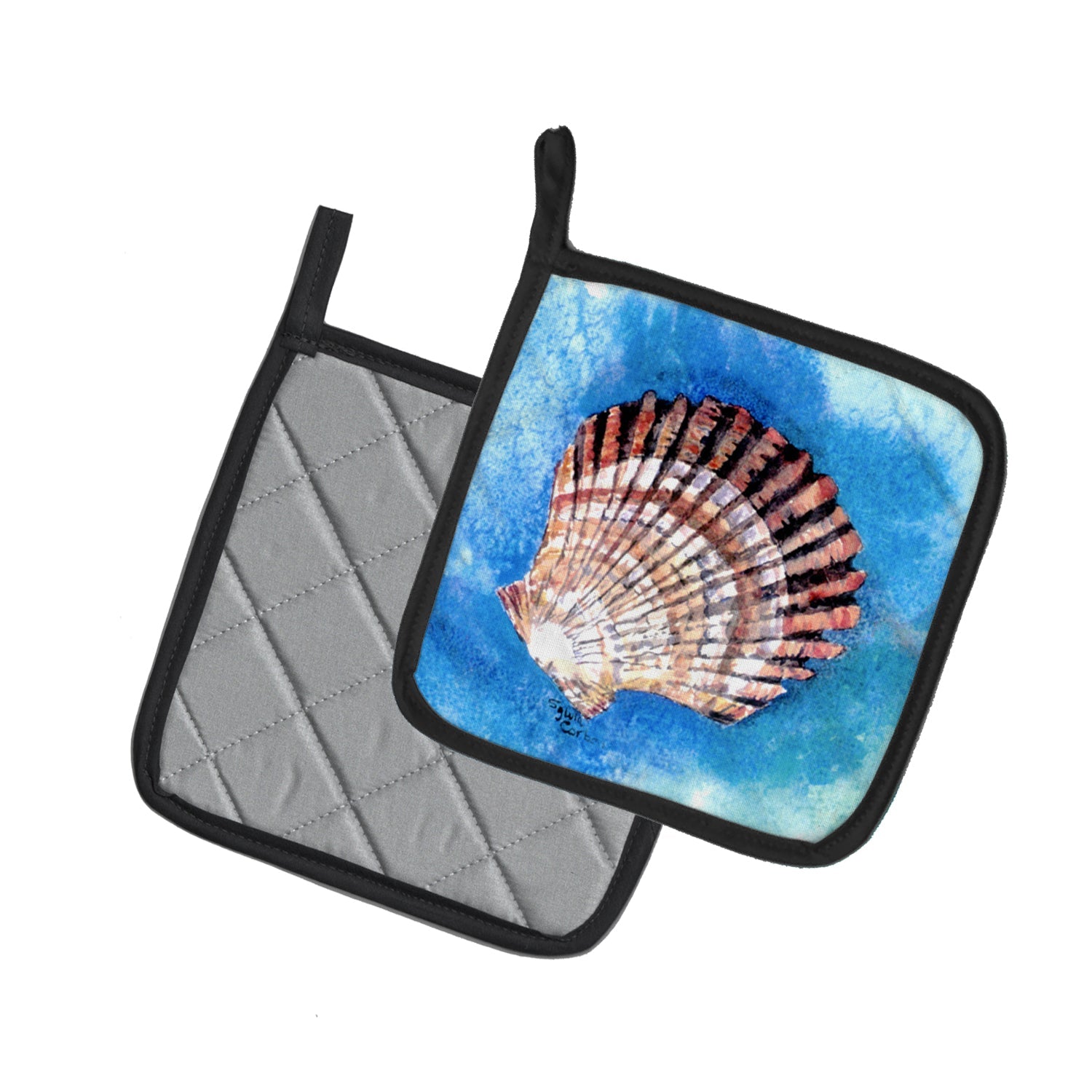 Scallop Sea Shell Pot Holder Set of 2 Heat Resistant Quilted Hot Pads 7.5 x 7.5 Inch, Insulated Kitchen Trivets for Cooking & Baking