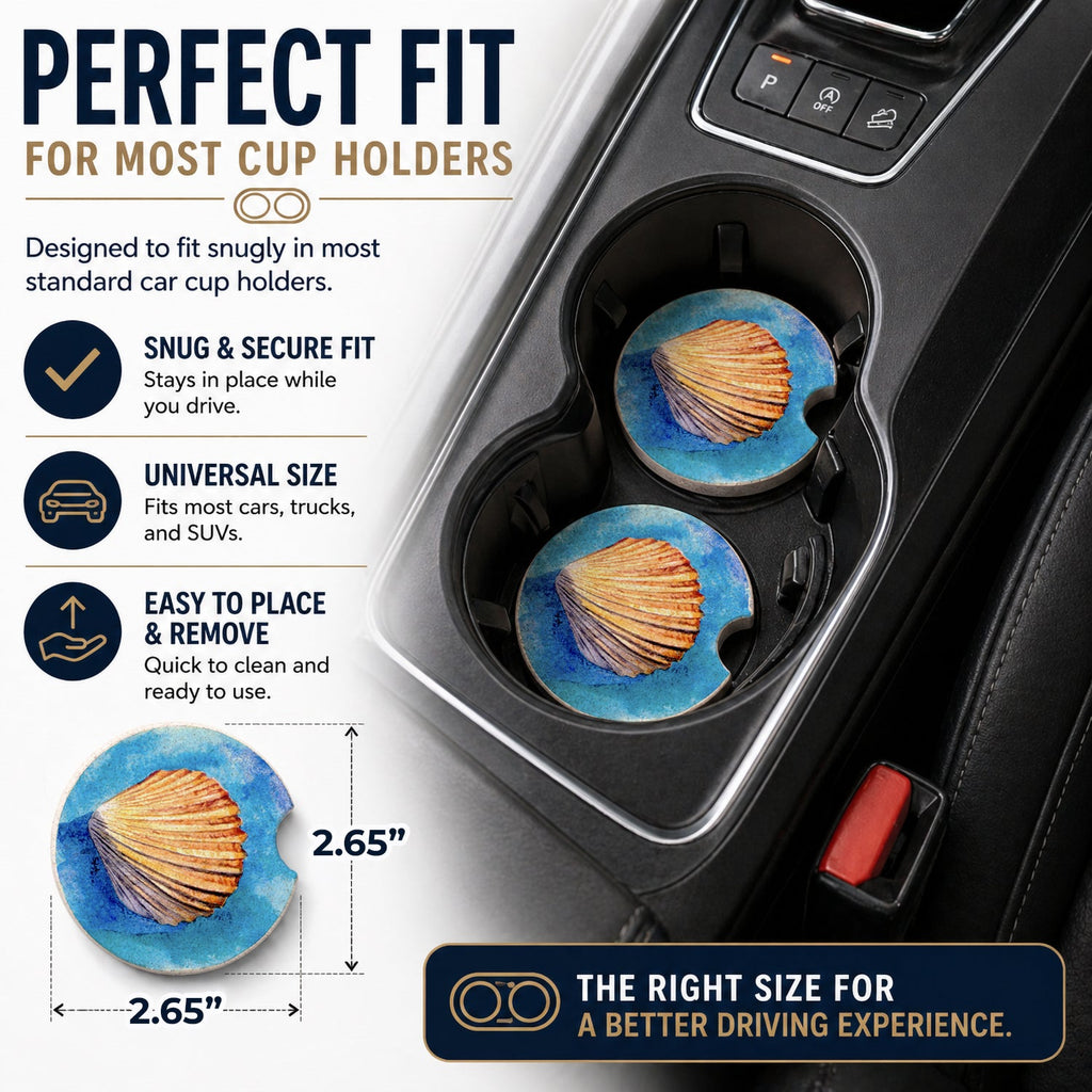 Shells Set of 2 Cup Holder Car Coasters Absorbent Round Sandstone Coasters Gifts for Men or Women, 2.5, Multicolor