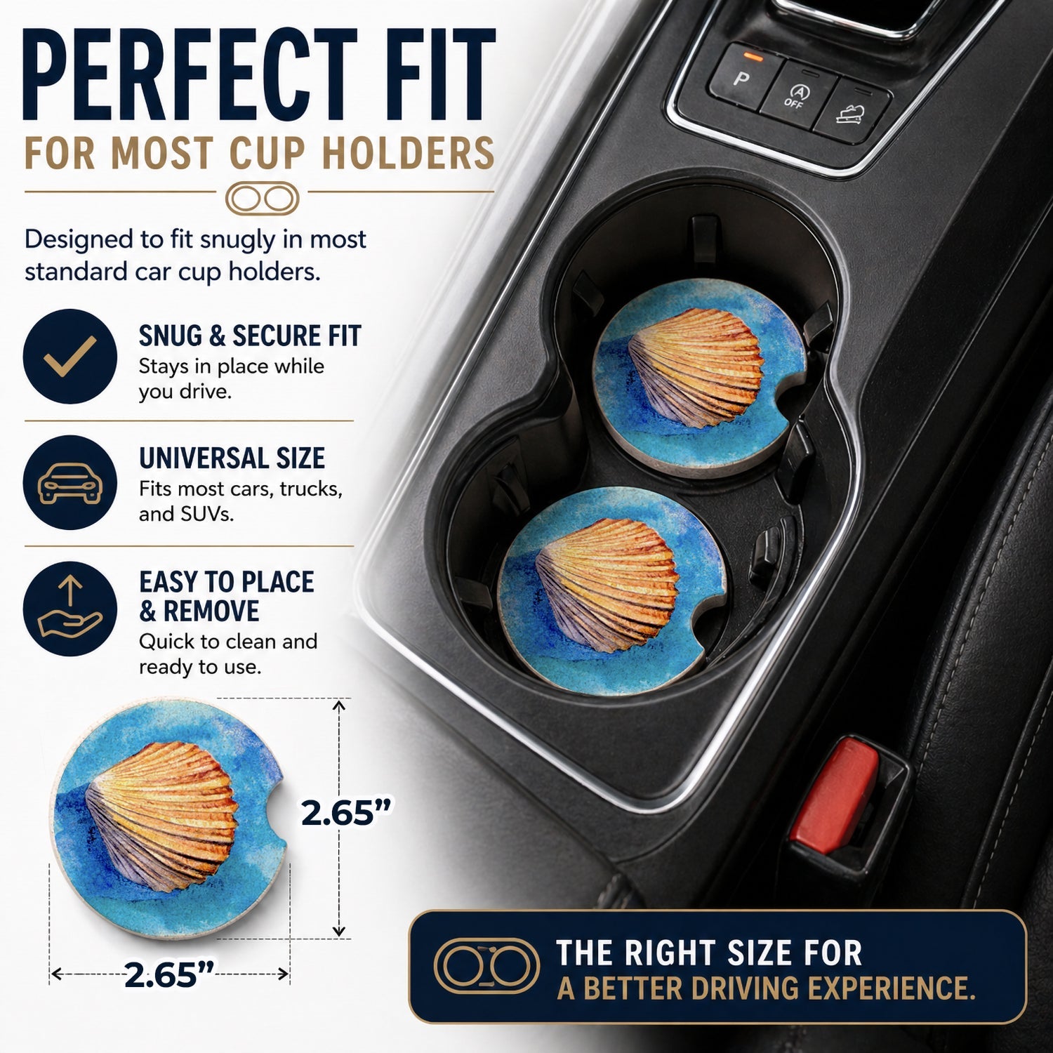 Shells Set of 2 Cup Holder Car Coasters Absorbent Round Sandstone Coasters Gifts for Men or Women, 2.5, Multicolor