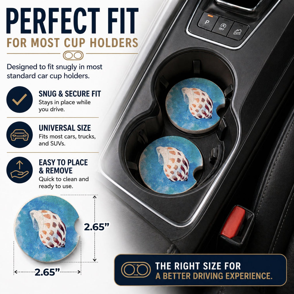 Shells Set of 2 Cup Holder Car Coasters Absorbent Round Sandstone Coasters Gifts for Men or Women, 2.5, Multicolor