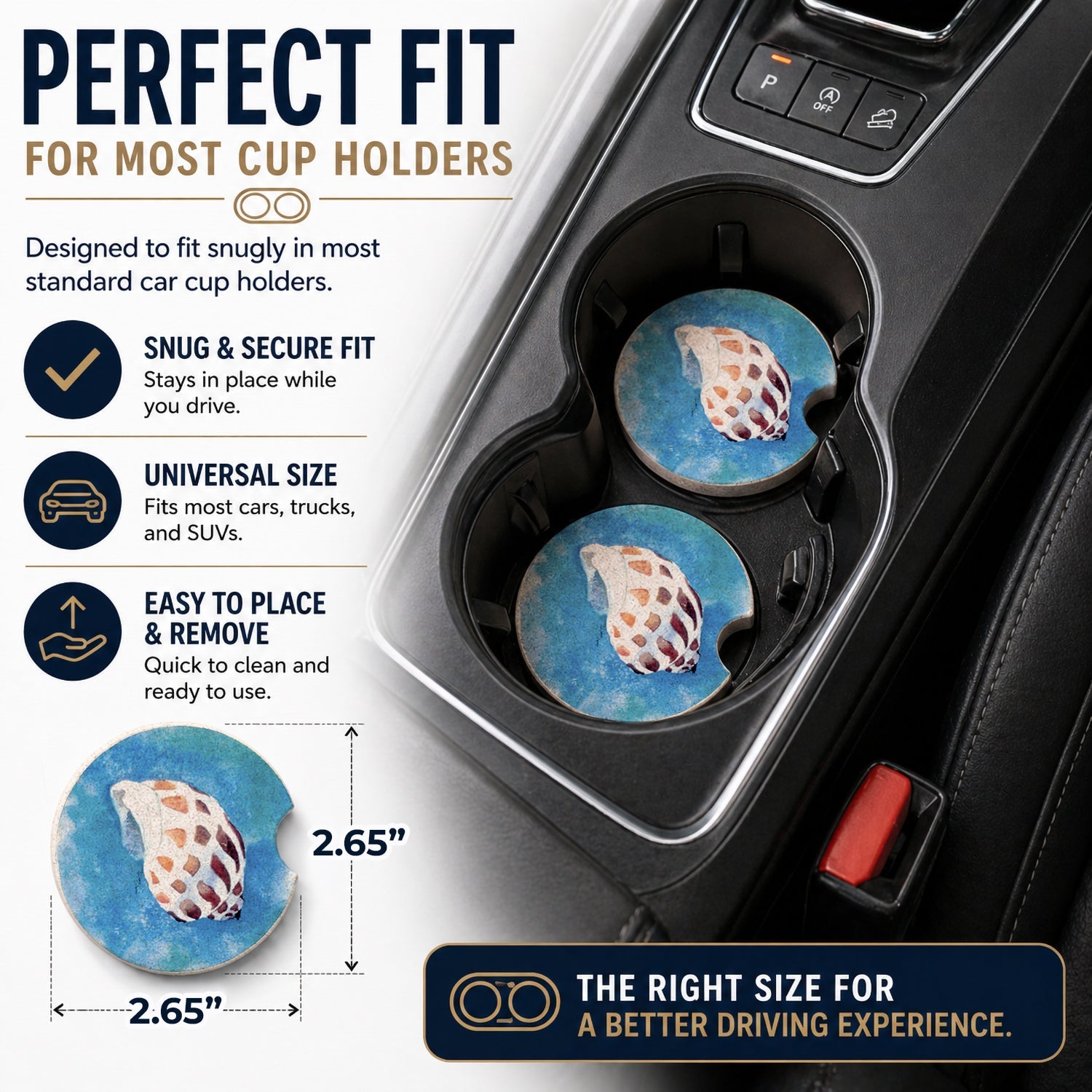 Shells Set of 2 Cup Holder Car Coasters Absorbent Round Sandstone Coasters Gifts for Men or Women, 2.5, Multicolor