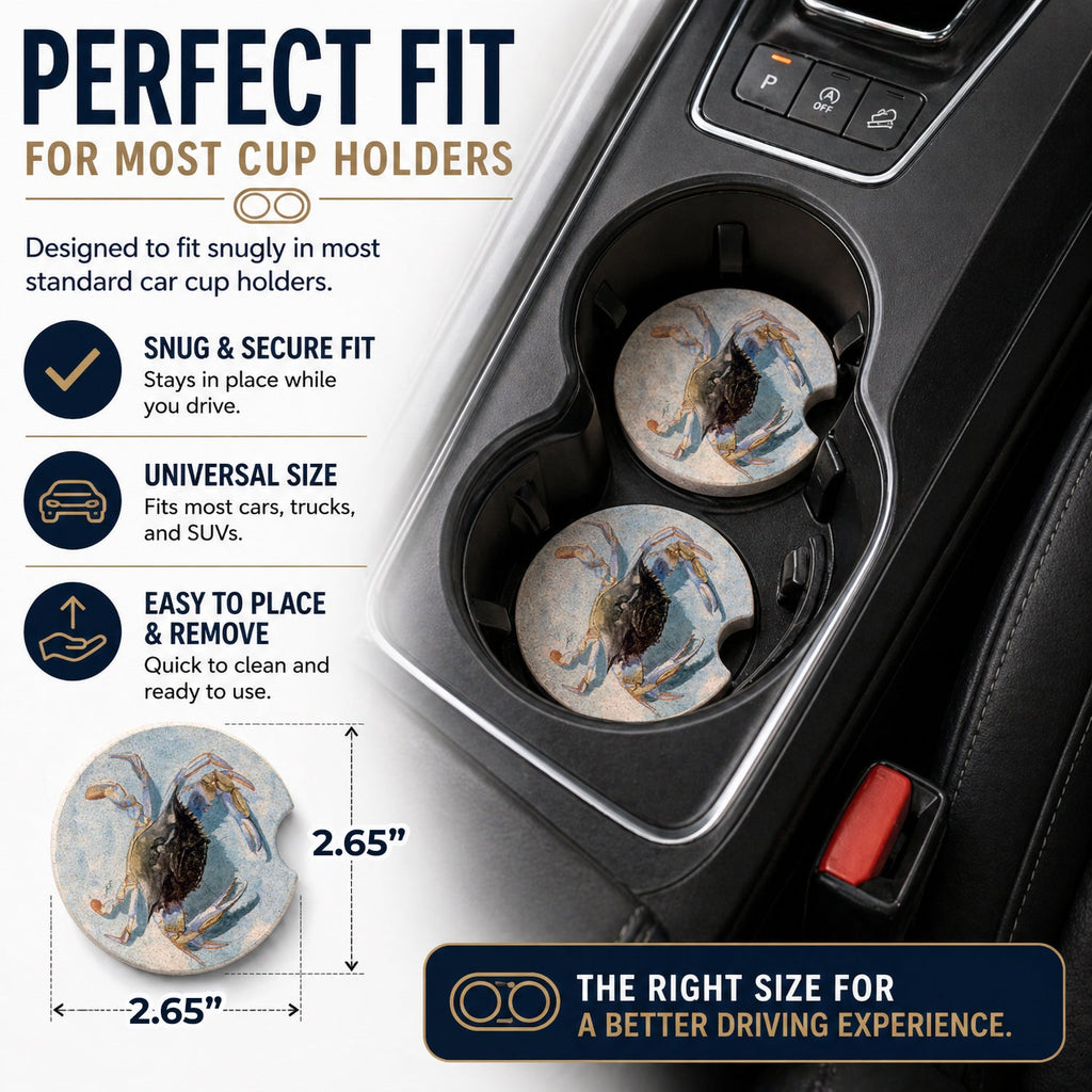 Blue Crab Set of 2 Cup Holder Car Coasters Absorbent Round Sandstone Coasters Gifts for Men or Women, 2.5, Multicolor
