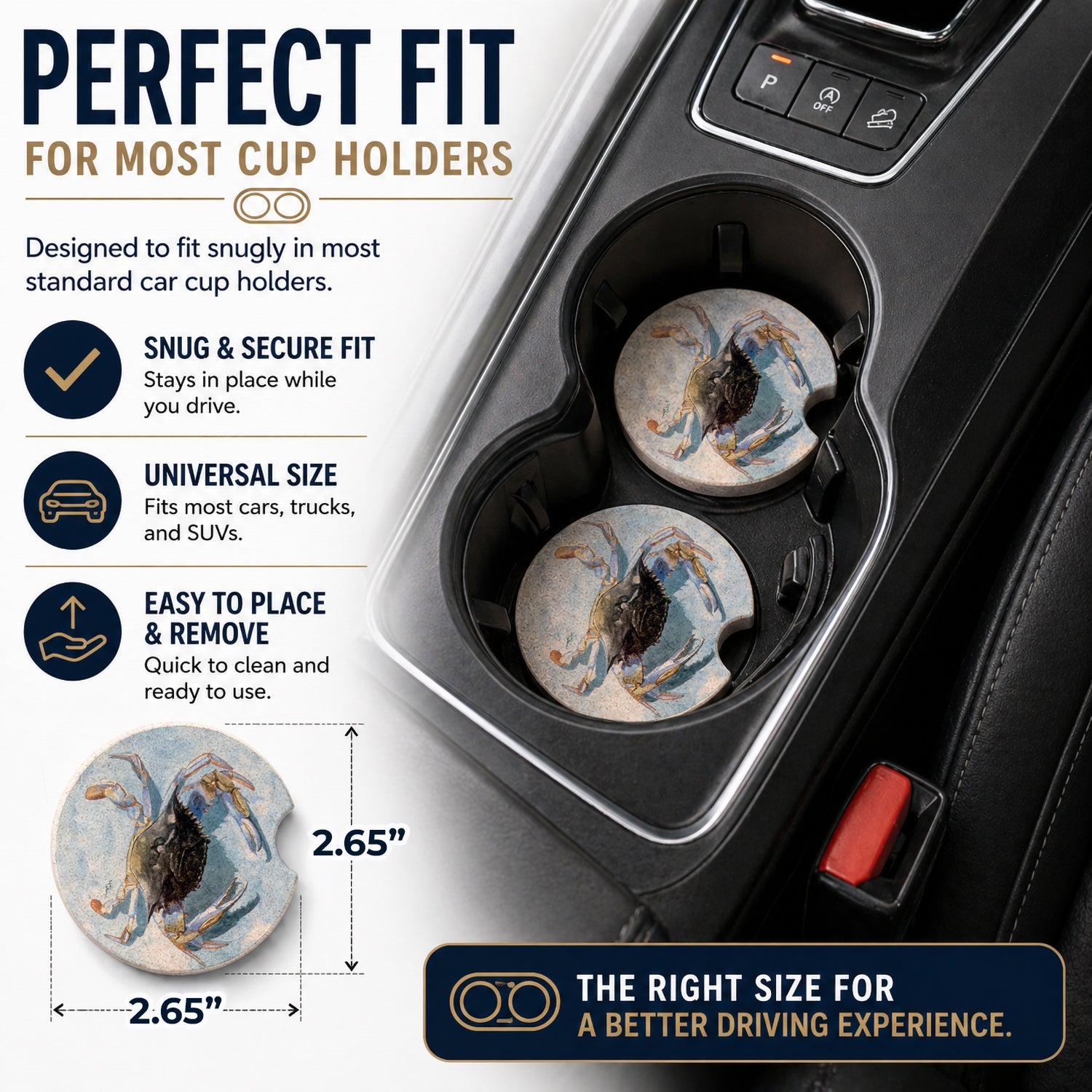 Blue Crab Set of 2 Cup Holder Car Coasters Absorbent Round Sandstone Coasters Gifts for Men or Women, 2.5, Multicolor