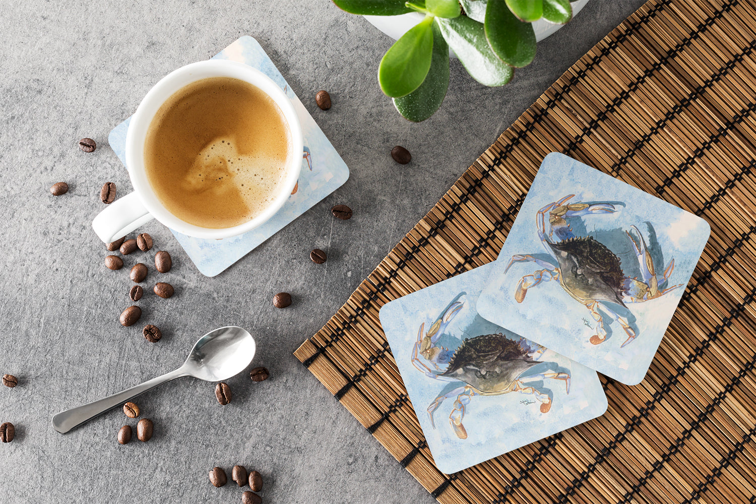 Blue Crab Foam Coasters Set of 4 Cup Coasters for Indoor Outdoor, Tabletop Protection, Anti Slip, Mouse pad Material