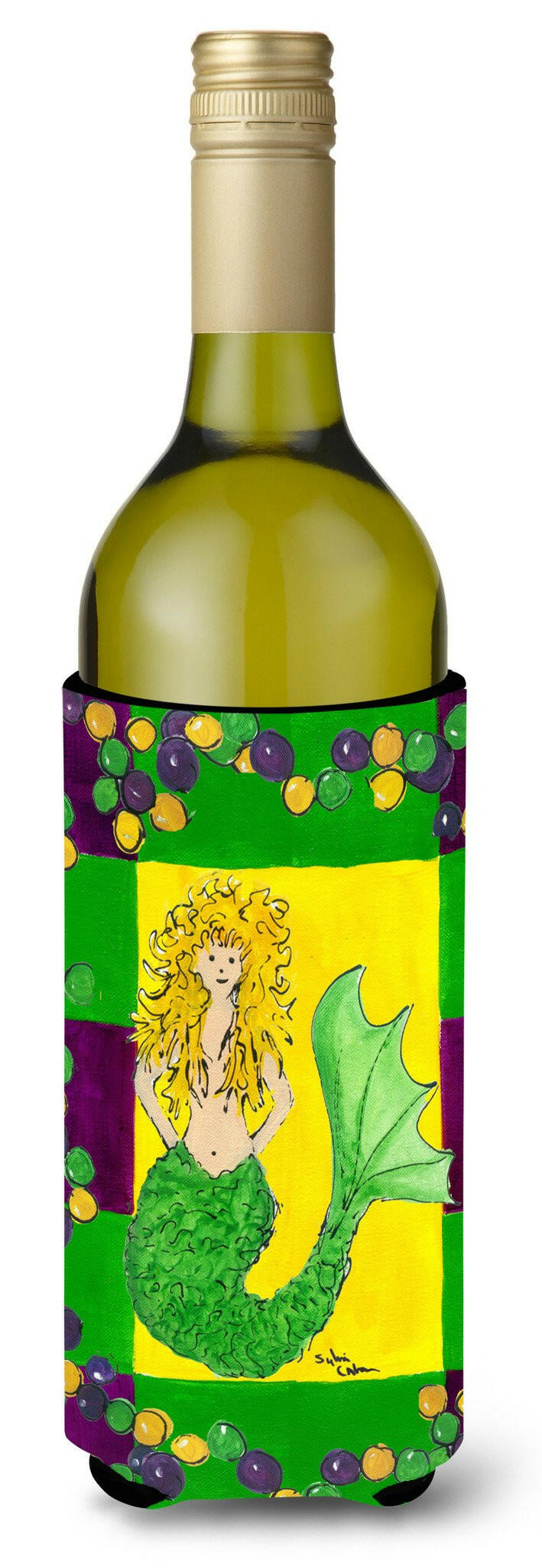 Mardi Gras Mermaid Wine Bottle Hugger Gift Sleeve for Standard 750 ml Bottles, Insulated Reusable Also Fits Mini Shot & Pint Bottles