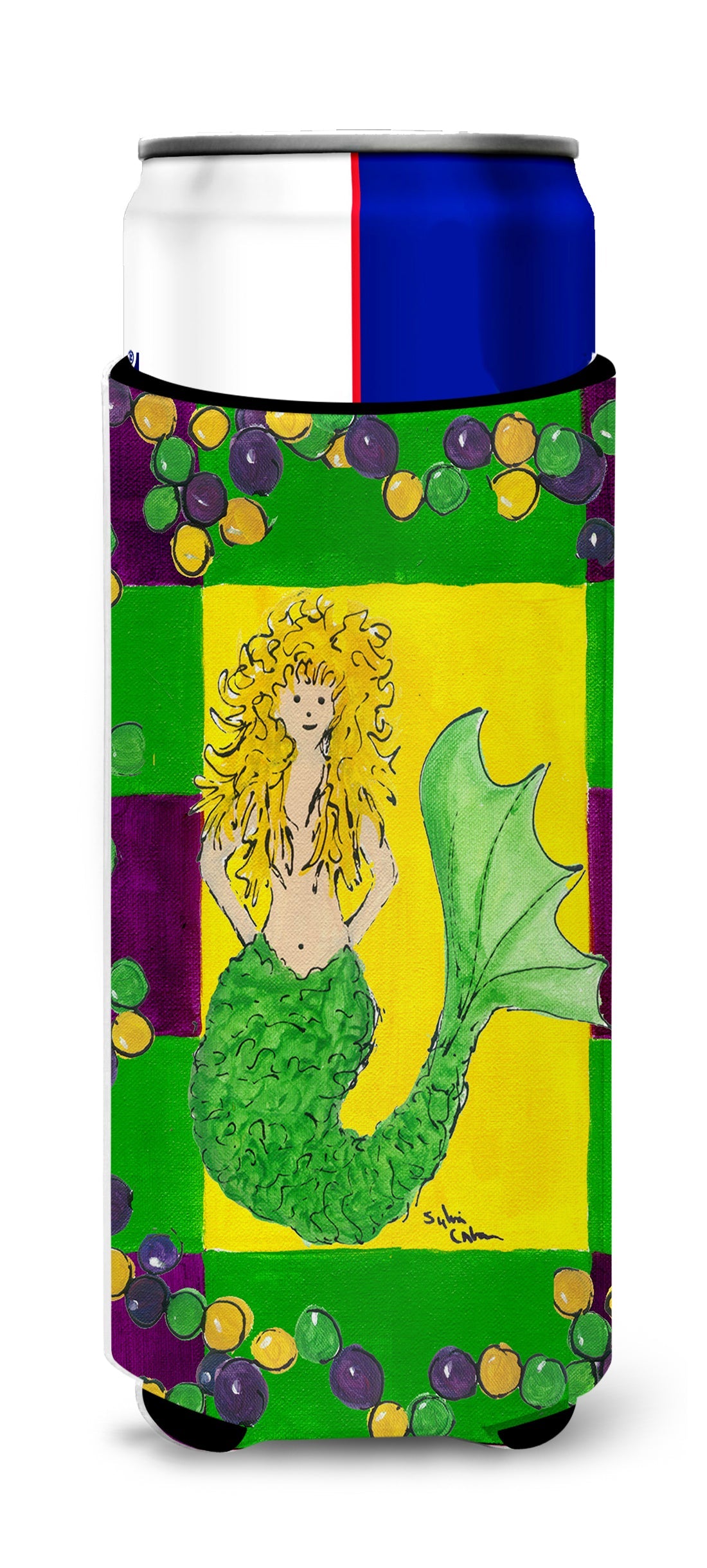 Mardi Gras Mermaid Slim Can Hugger , Insulated Foam Hugger for 12 oz Slim Cans, Beer Bottles & Water Bottles, Printed in USA