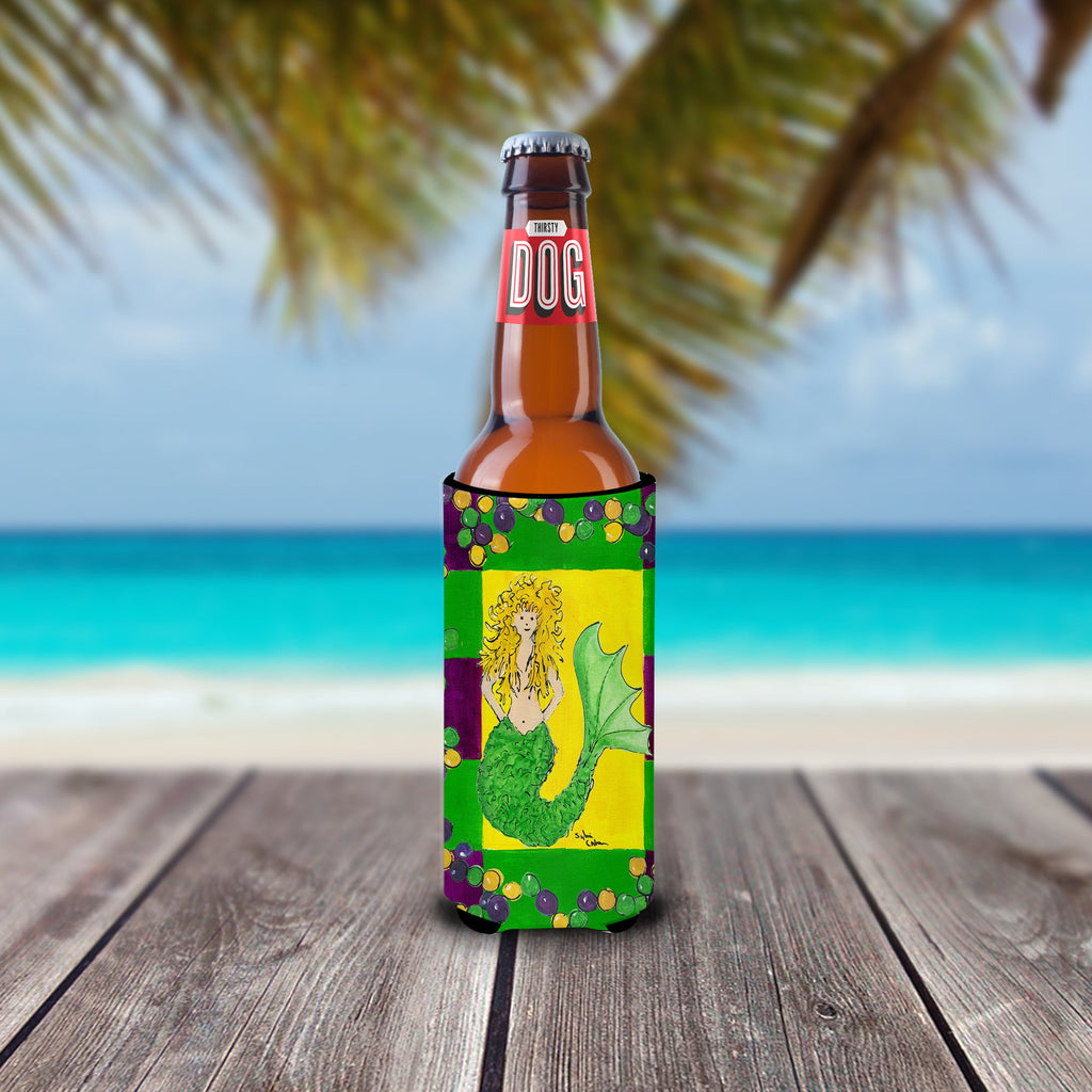 Mardi Gras Mermaid Slim Can Hugger , Insulated Foam Hugger for 12 oz Slim Cans, Beer Bottles & Water Bottles, Printed in USA