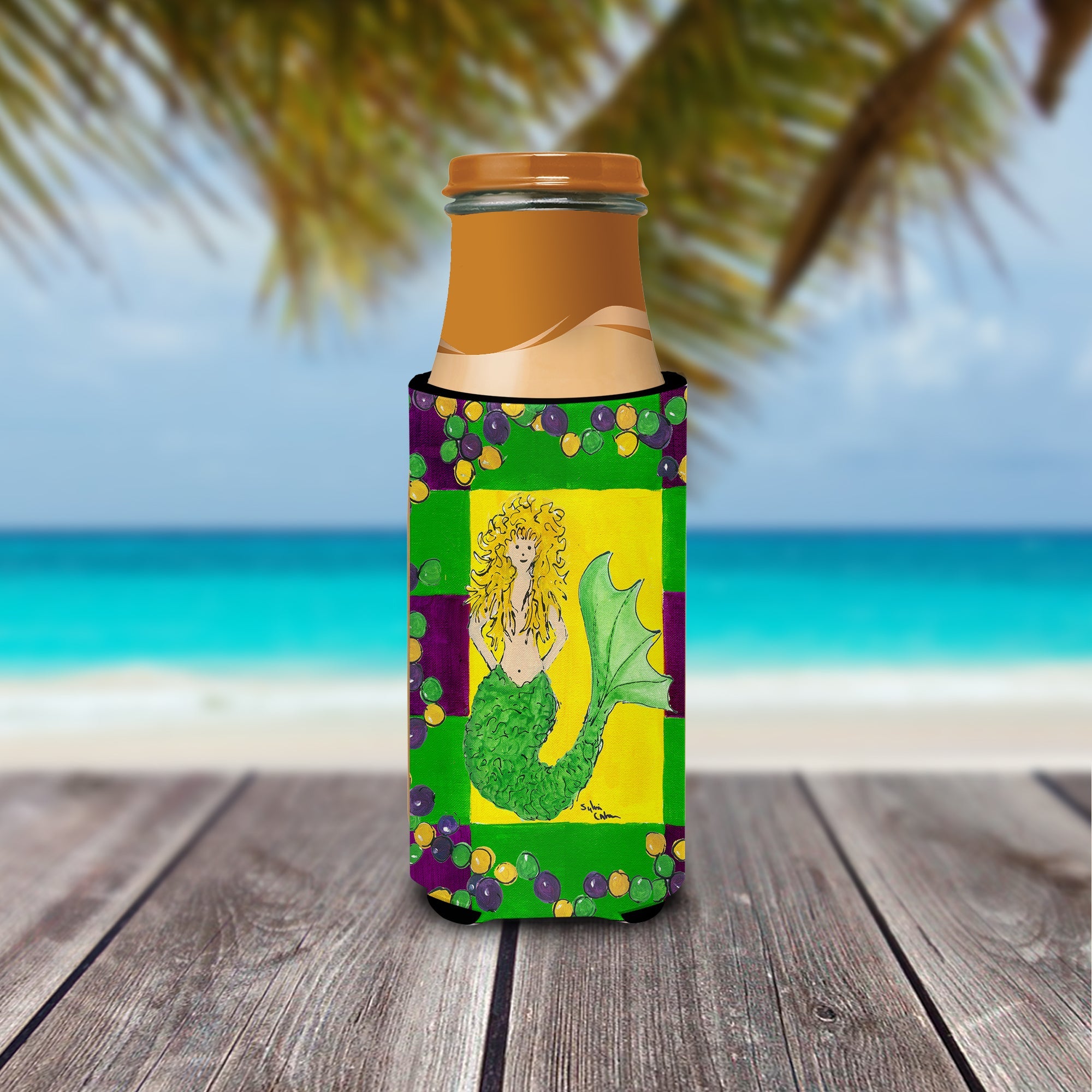 Mardi Gras Mermaid Slim Can Hugger , Insulated Foam Hugger for 12 oz Slim Cans, Beer Bottles & Water Bottles, Printed in USA