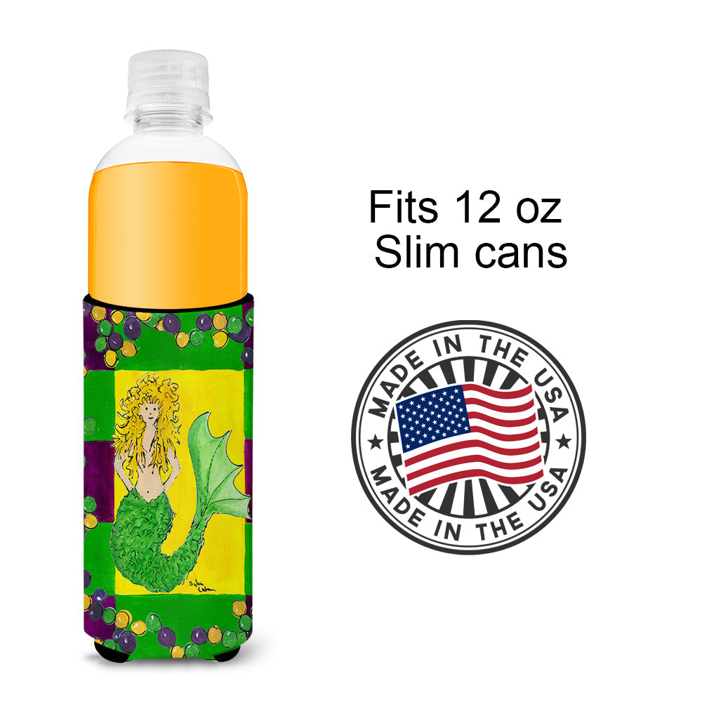 Mardi Gras Mermaid Slim Can Hugger , Insulated Foam Hugger for 12 oz Slim Cans, Beer Bottles & Water Bottles, Printed in USA