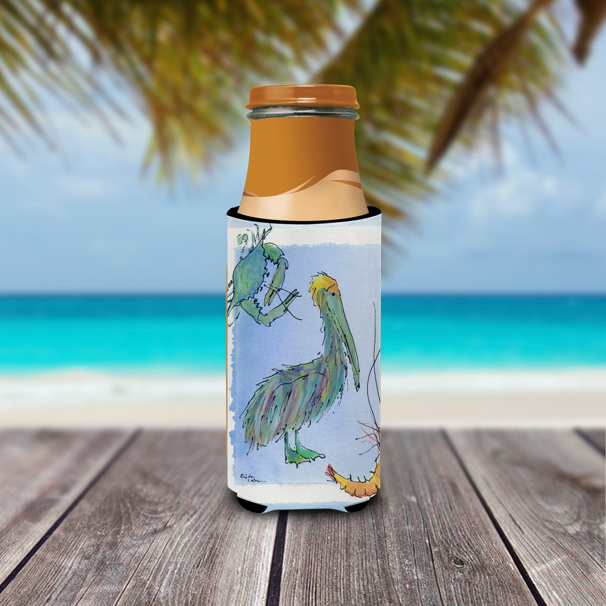 Pelican Shrimp and Crab Slim Can Hugger , Insulated Foam Hugger for 12 oz Slim Cans, Beer Bottles & Water Bottles, Printed in USA
