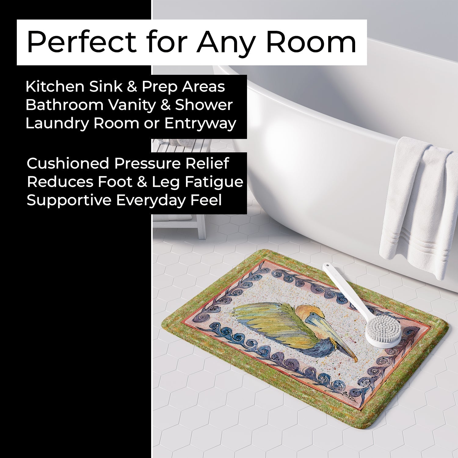 Bird - Pelican Memory Foam Kitchen Mat Machine Washable Anti-Fatigue Cushion Comfort Bath or Kitchen Rug