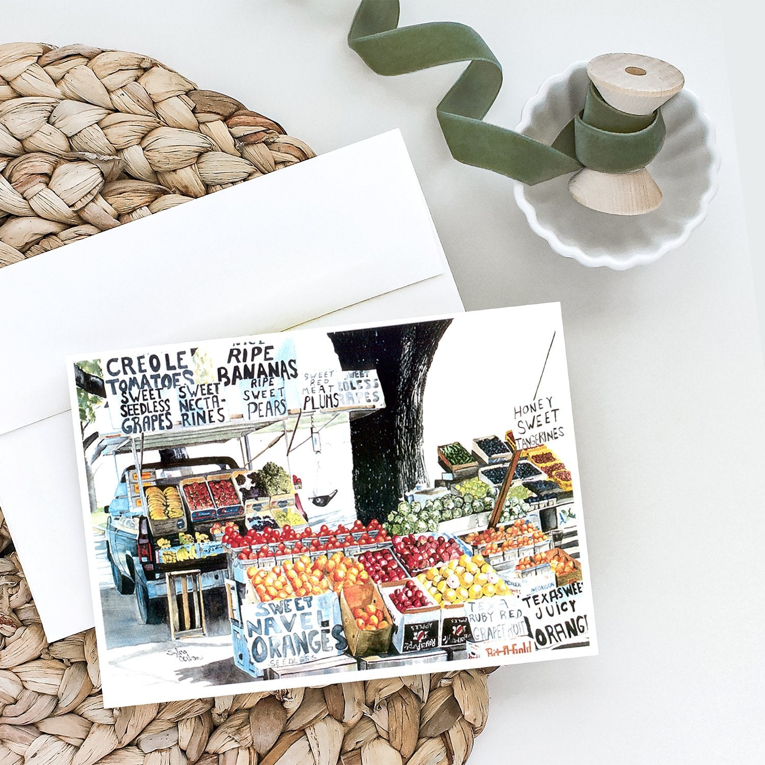 Fruit Stand Greeting Cards Pack of 8 Blank Cards with Envelopes Whimsical A7 Size 5x7