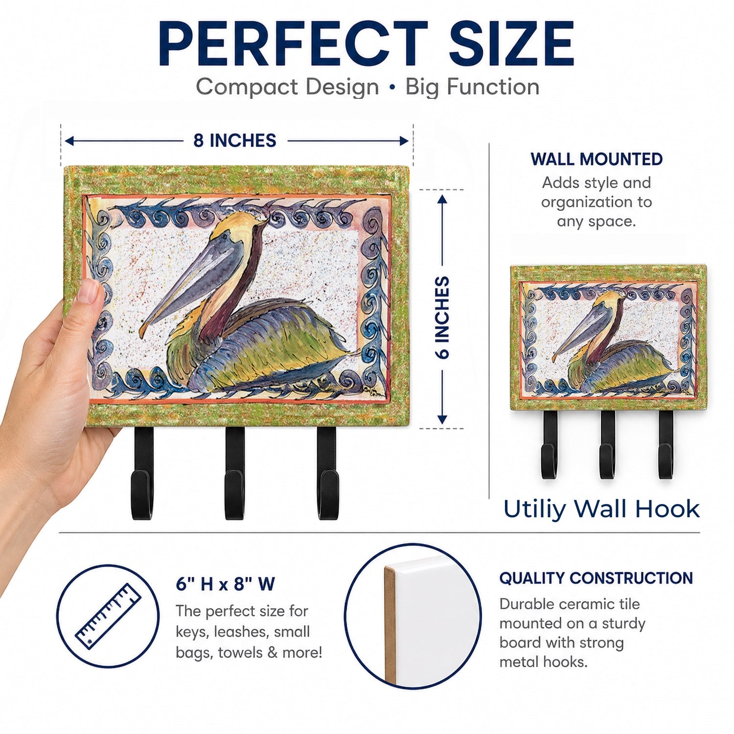 Pelican Leash or Key Holder Wall Hooks, Coat Rack Wall Mount, for Hanging Keys, Towels, Aprons, Leashes
