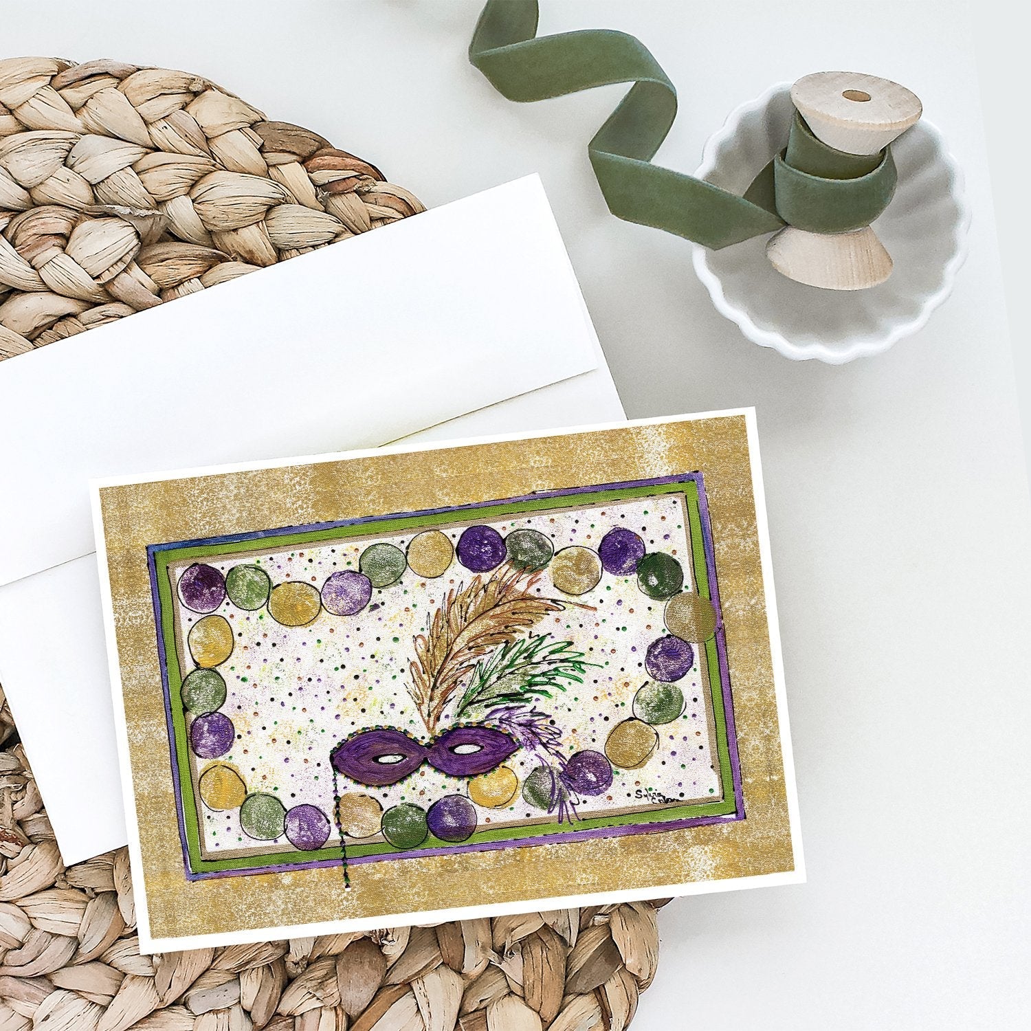 Mardi Gras Beads Greeting Cards Pack of 8 Blank Cards with Envelopes Whimsical A7 Size 5x7