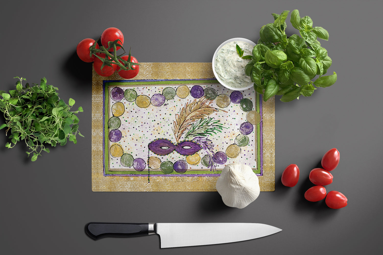 Mardi Gras Beads Cutting Board Tempered Glass Kitchen Cutting Surface, Heat Resistant Chopping, Non-Slip Feet, Food Prep & Serving
