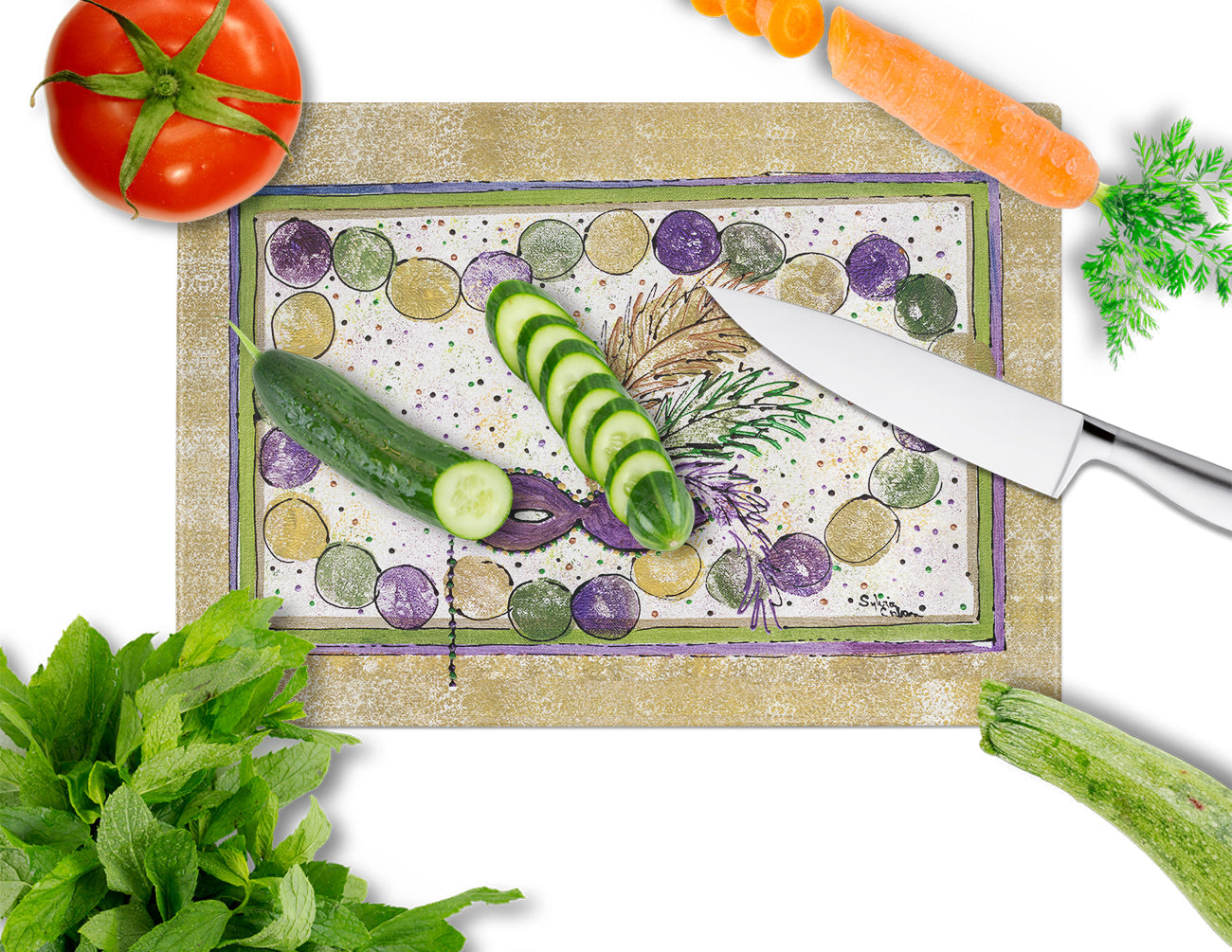 Mardi Gras Beads Cutting Board Tempered Glass Kitchen Cutting Surface, Heat Resistant Chopping, Non-Slip Feet, Food Prep & Serving