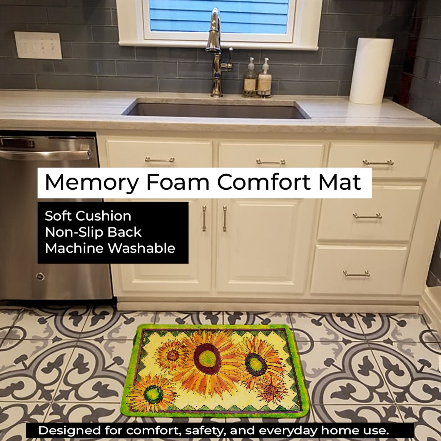 Flower - Sunflower Memory Foam Kitchen Mat Machine Washable Anti-Fatigue Cushion Comfort Bath or Kitchen Rug